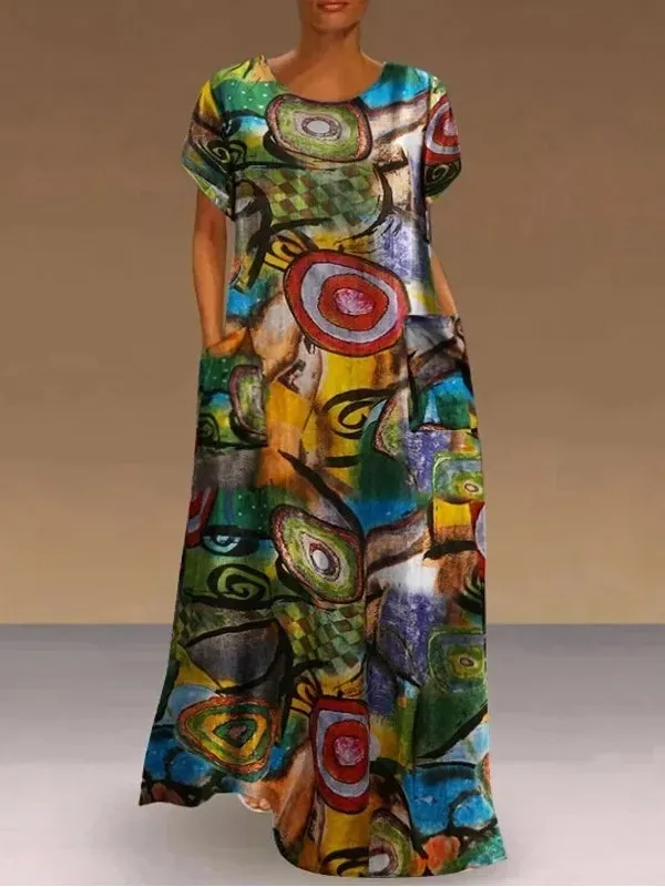 Beautiful Long Short Sleeve Abstract Print Dress