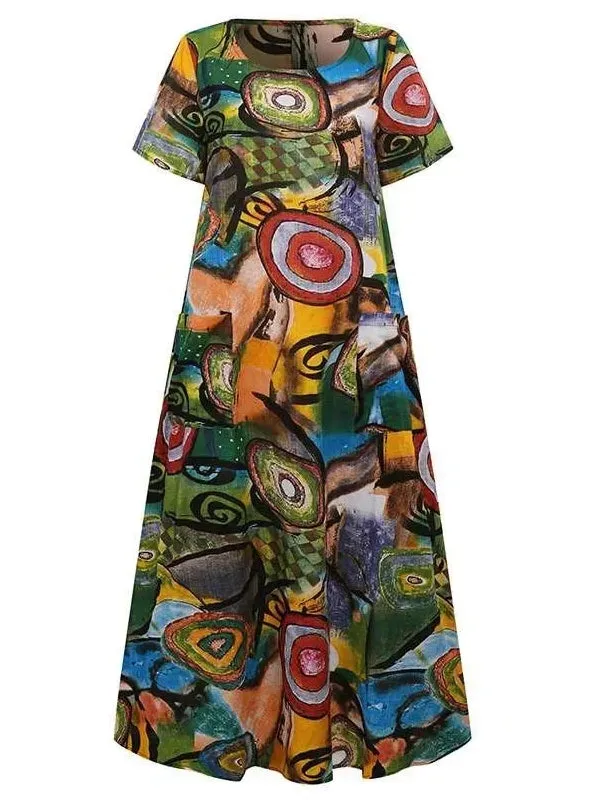 Beautiful Long Short Sleeve Abstract Print Dress