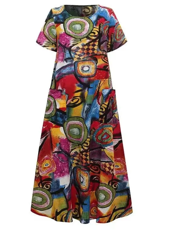 Beautiful Long Short Sleeve Abstract Print Dress