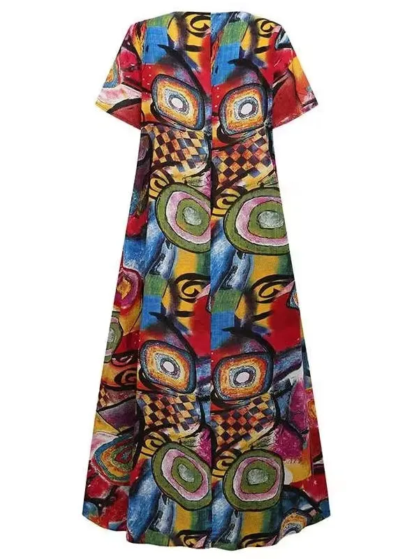 Beautiful Long Short Sleeve Abstract Print Dress