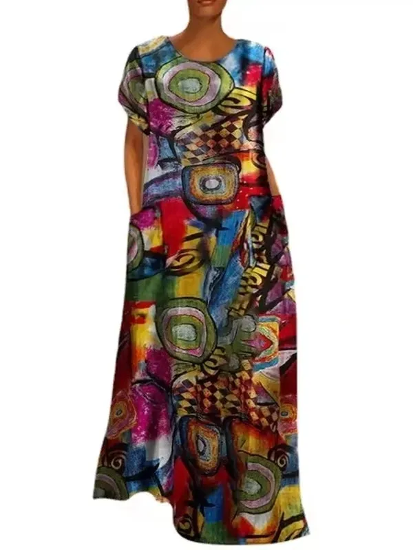Beautiful Long Short Sleeve Abstract Print Dress