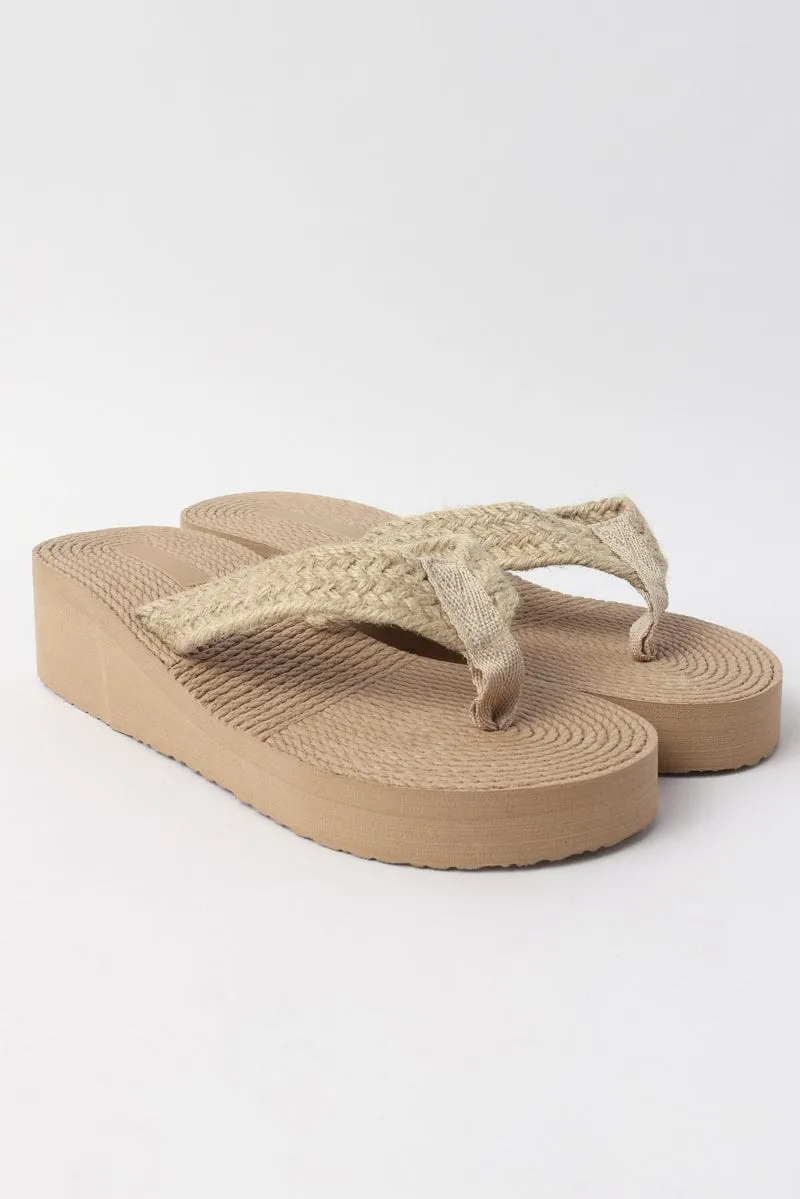Beige Toe Post Wedge Sandals