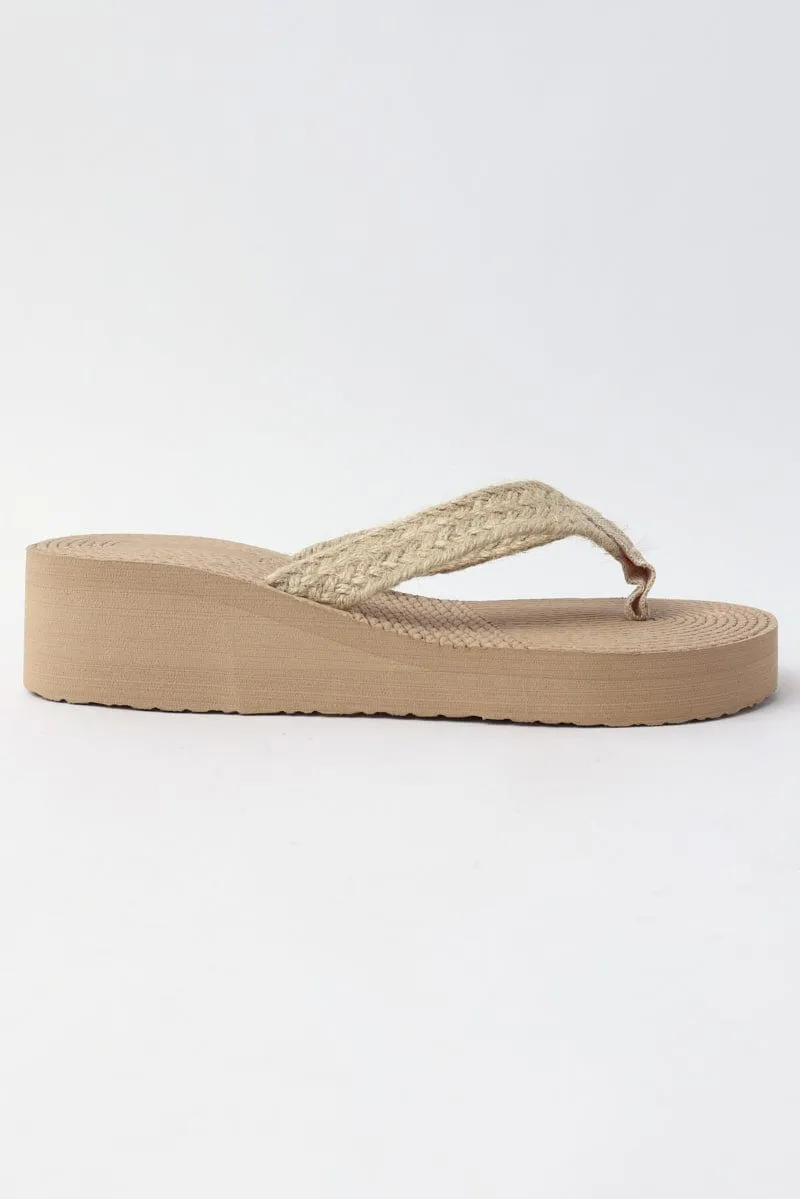 Beige Toe Post Wedge Sandals