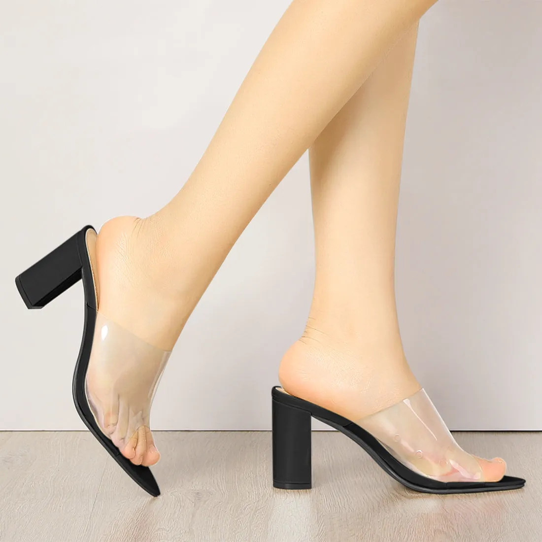 Clear Chunky Heel Slides Sandals Mules