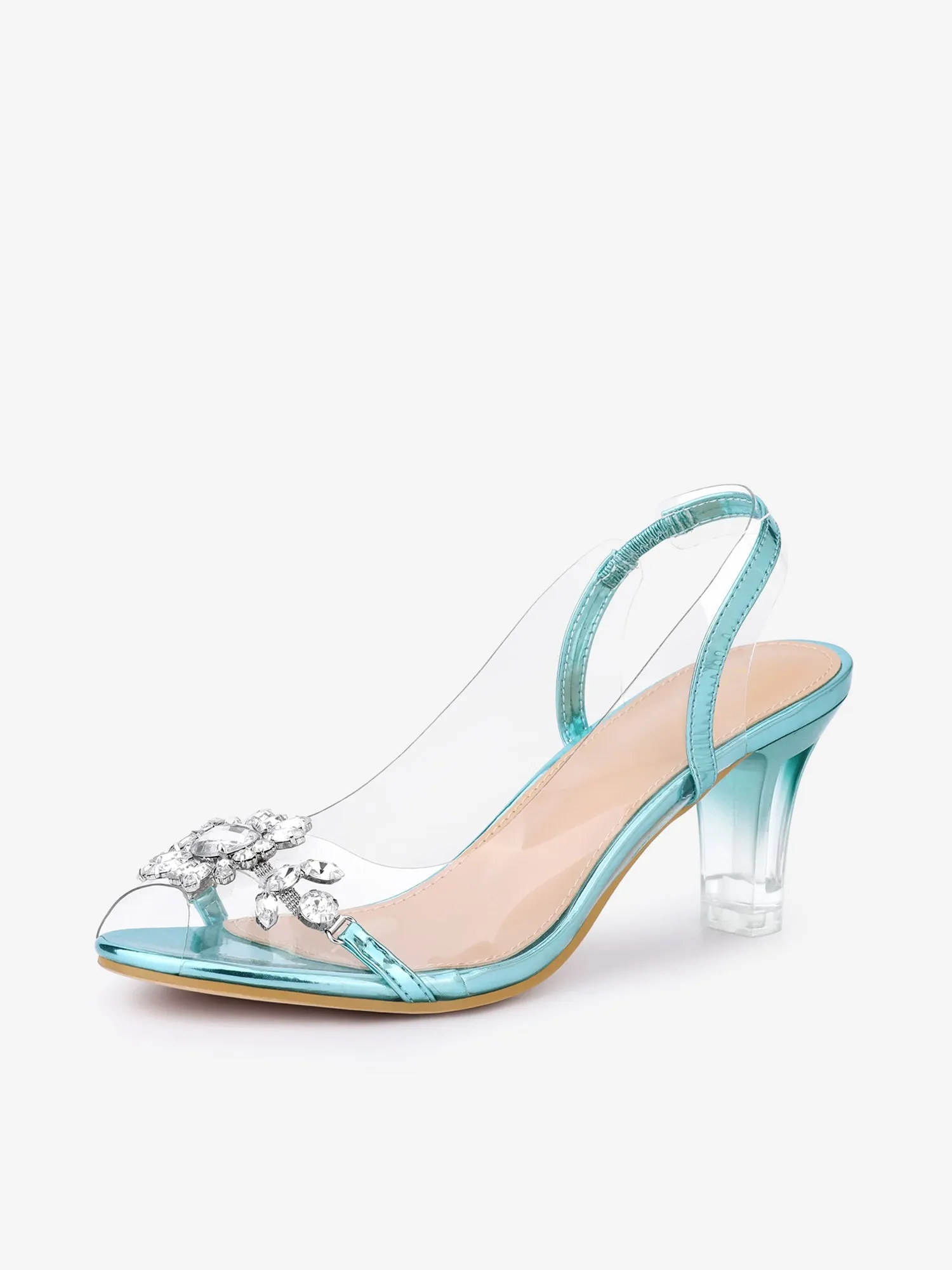 Clear Slingback Flower Rhinestone Peep Toe Heel Sandals
