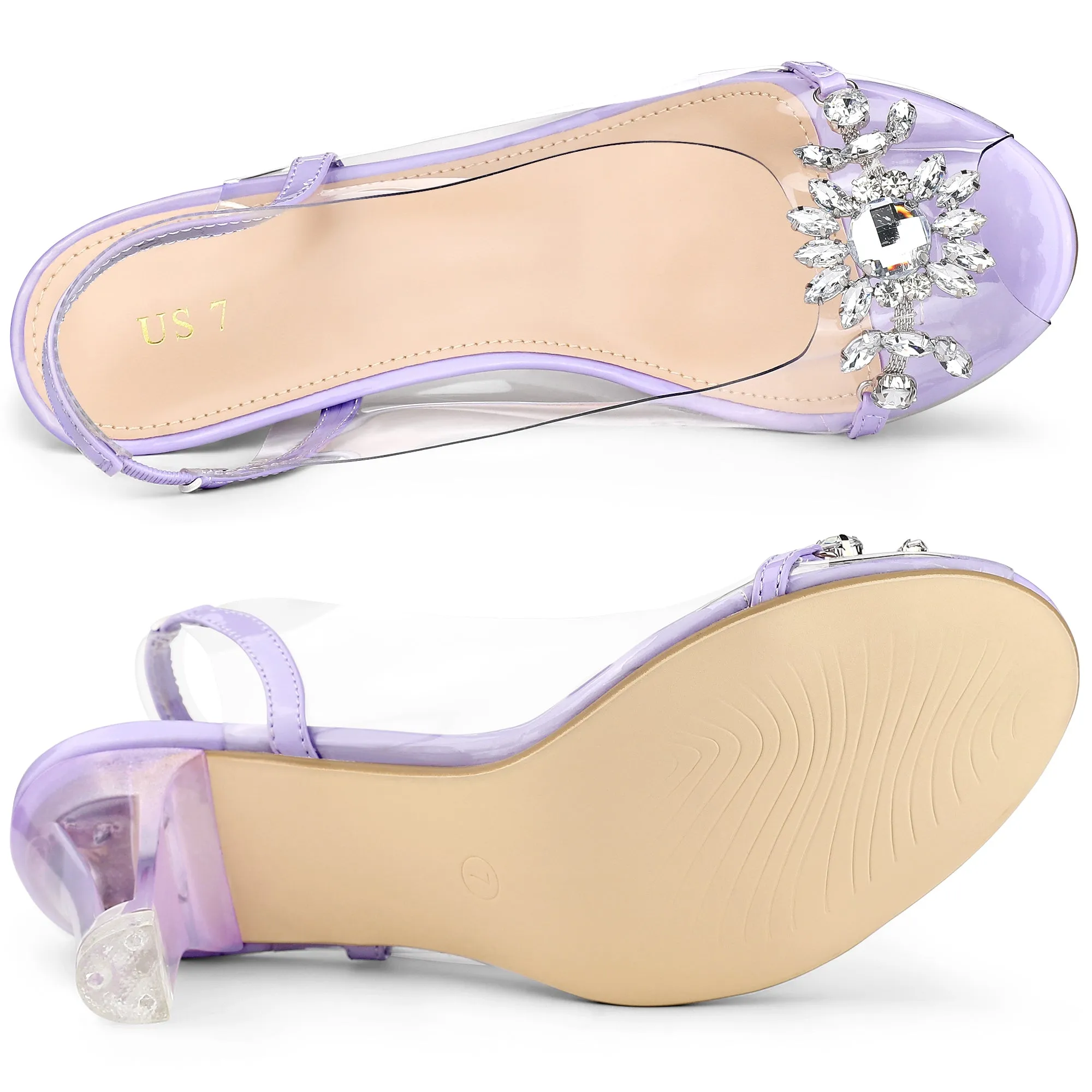 Clear Slingback Flower Rhinestone Peep Toe Heel Sandals