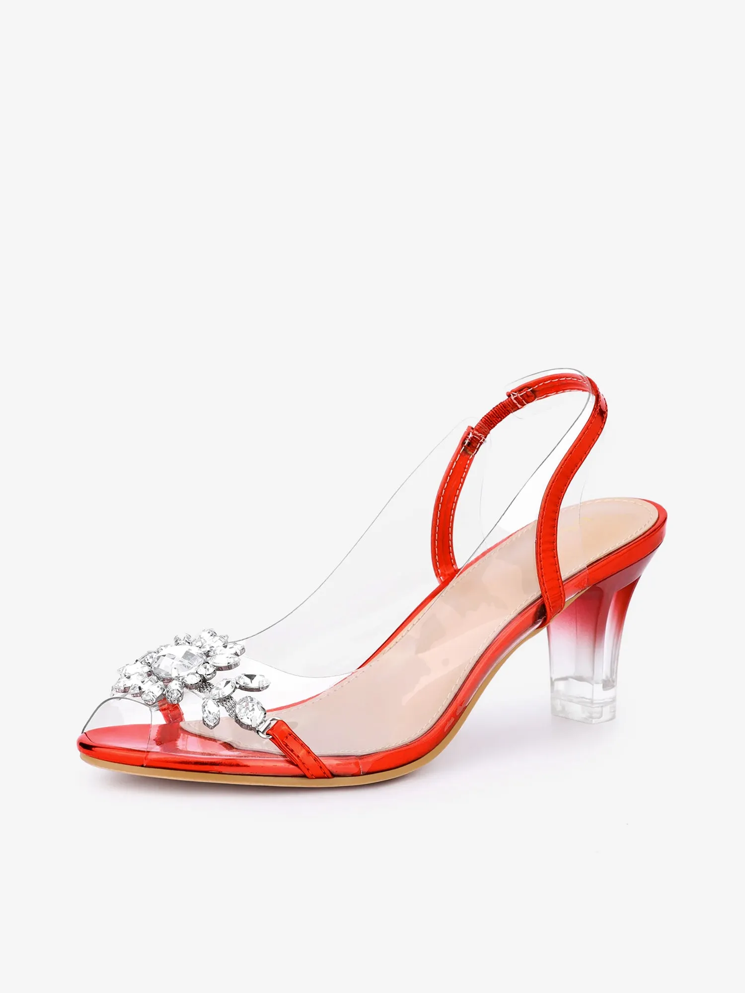 Clear Slingback Flower Rhinestone Peep Toe Heel Sandals