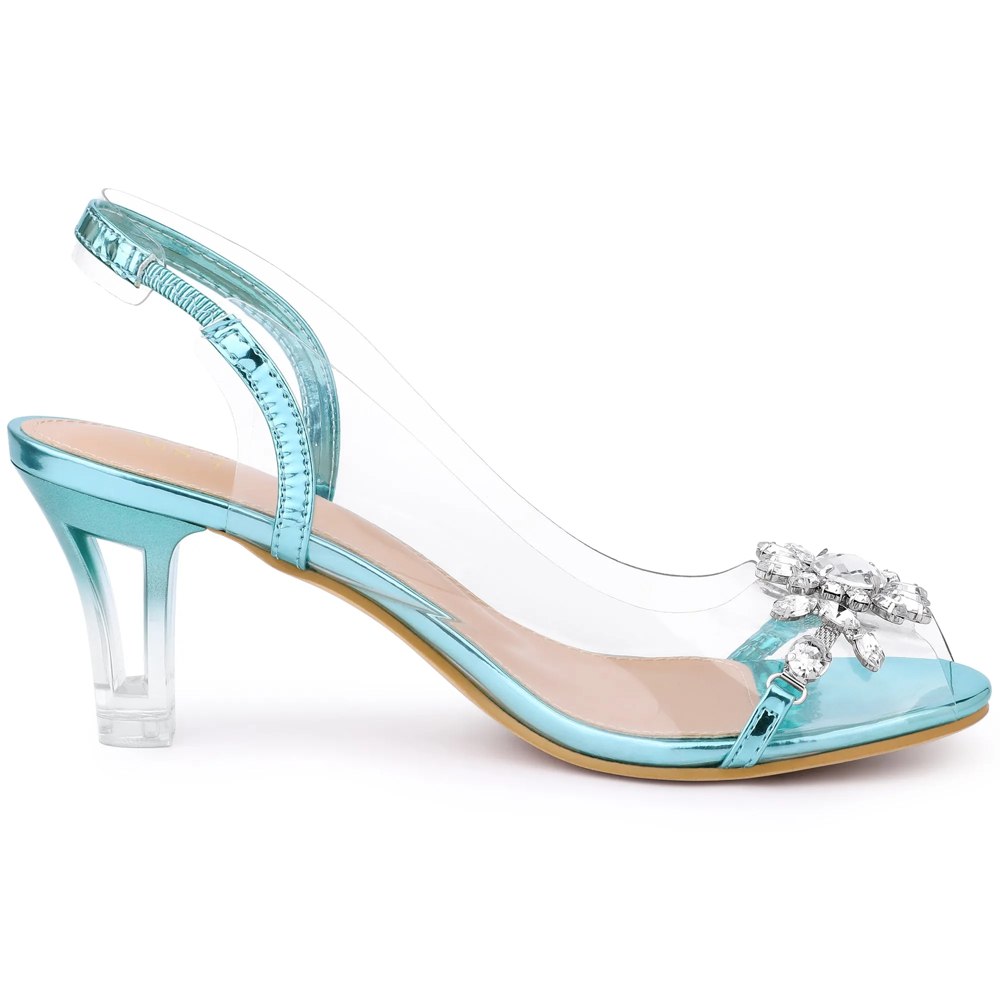 Clear Slingback Flower Rhinestone Peep Toe Heel Sandals