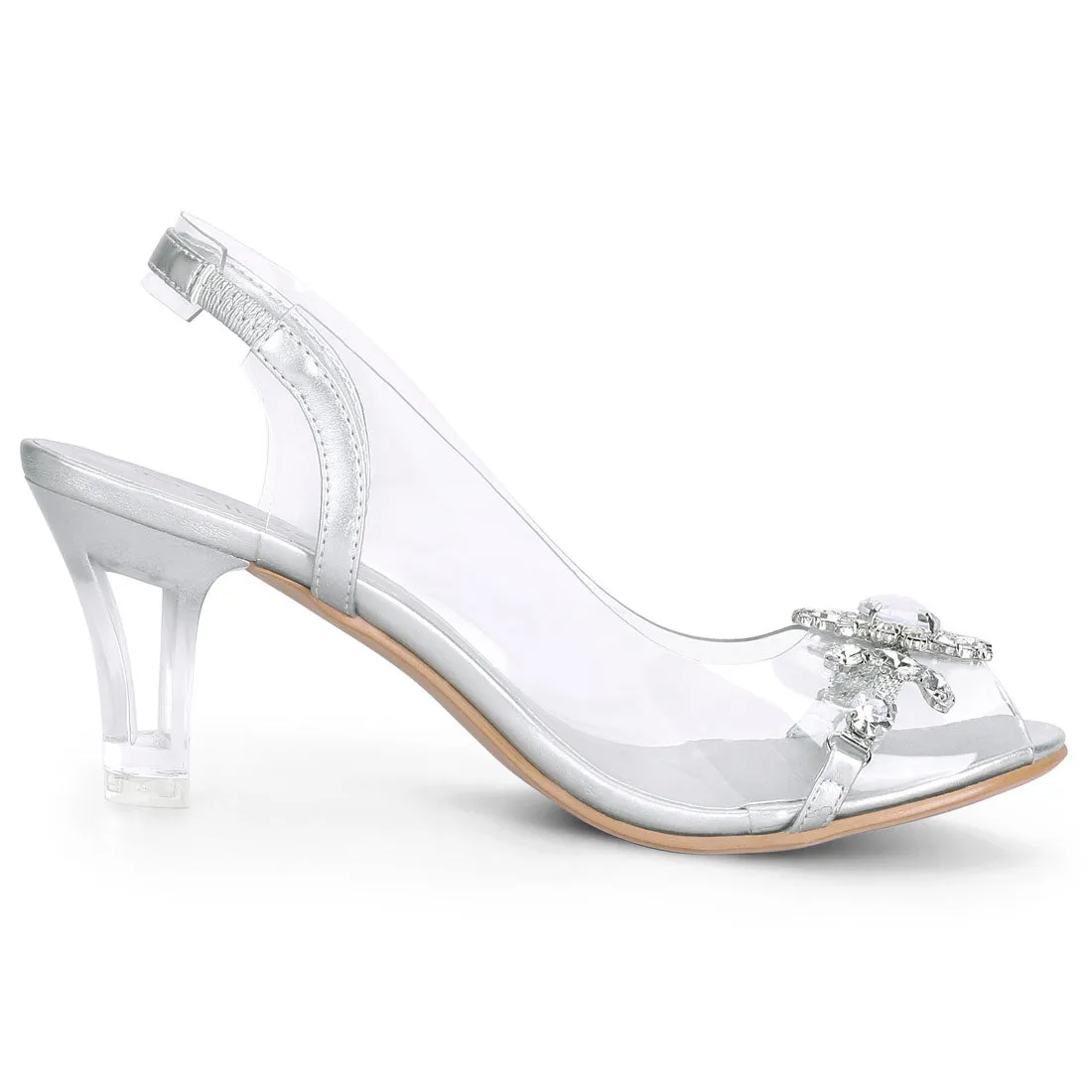 Clear Slingback Flower Rhinestone Peep Toe Heel Sandals