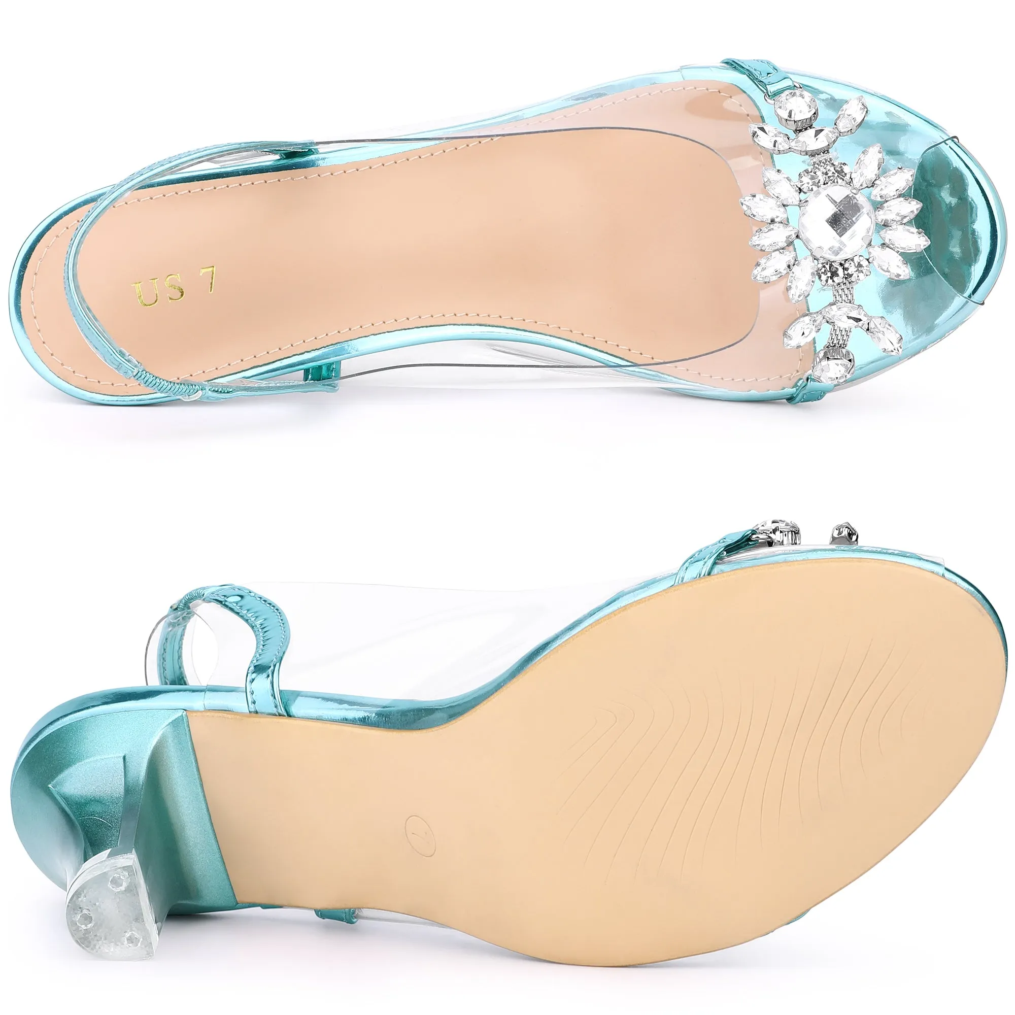 Clear Slingback Flower Rhinestone Peep Toe Heel Sandals