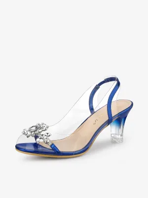 Clear Slingback Flower Rhinestone Peep Toe Heel Sandals