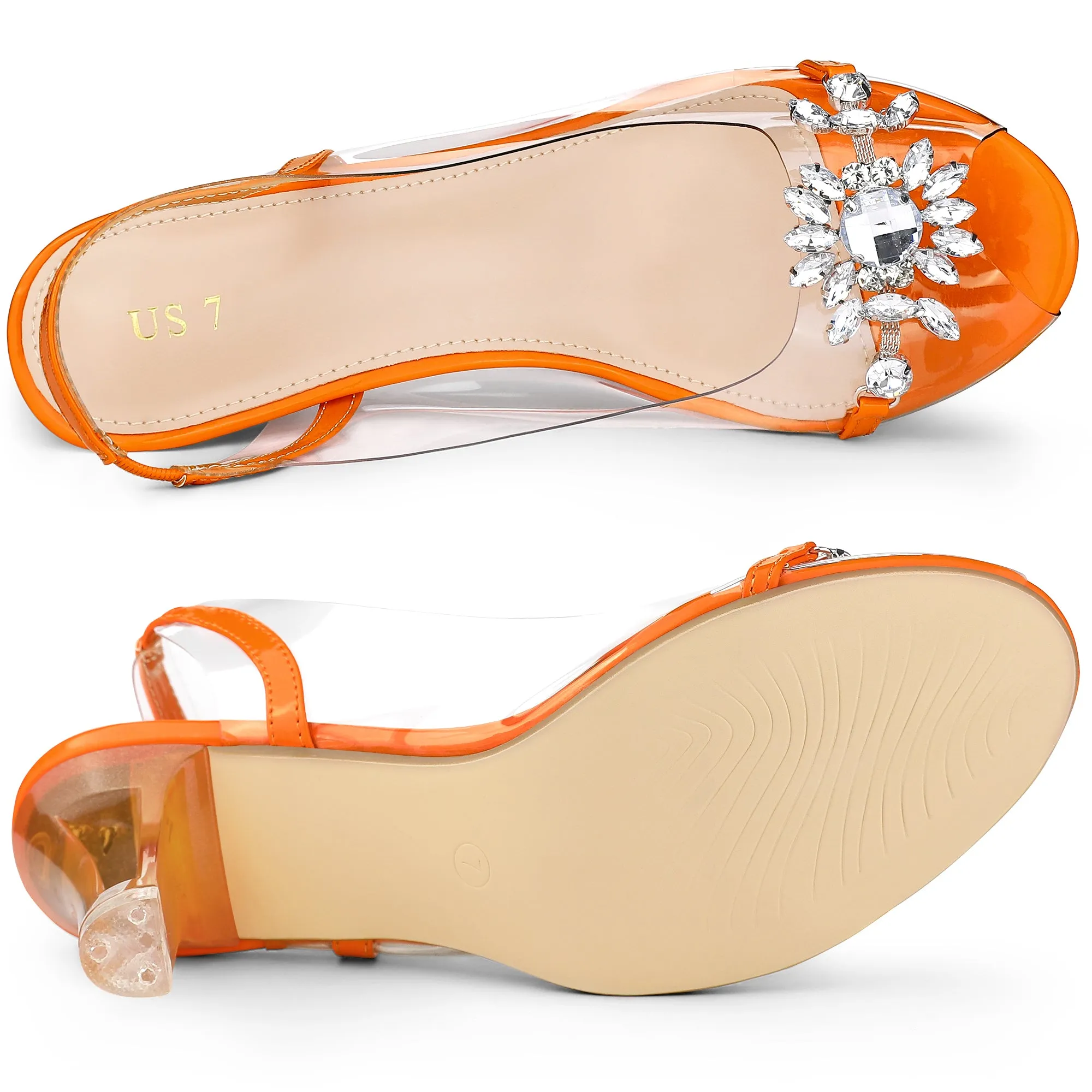 Clear Slingback Flower Rhinestone Peep Toe Heel Sandals