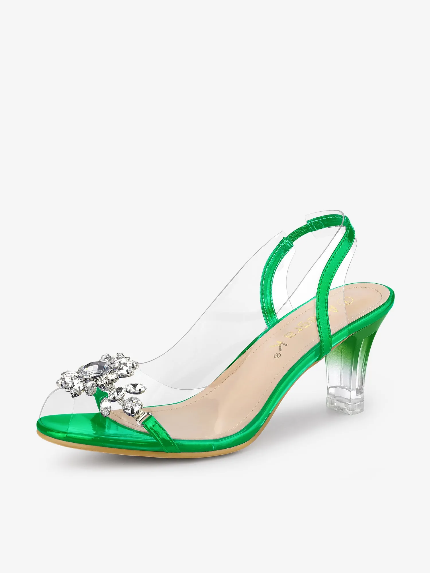 Clear Slingback Flower Rhinestone Peep Toe Heel Sandals