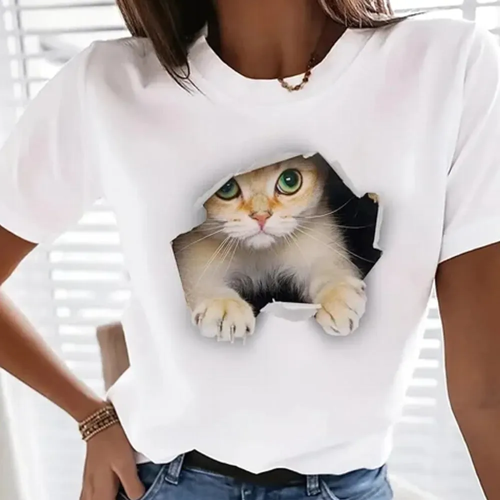 Cute Cat Print Crew Neck T-Shirt