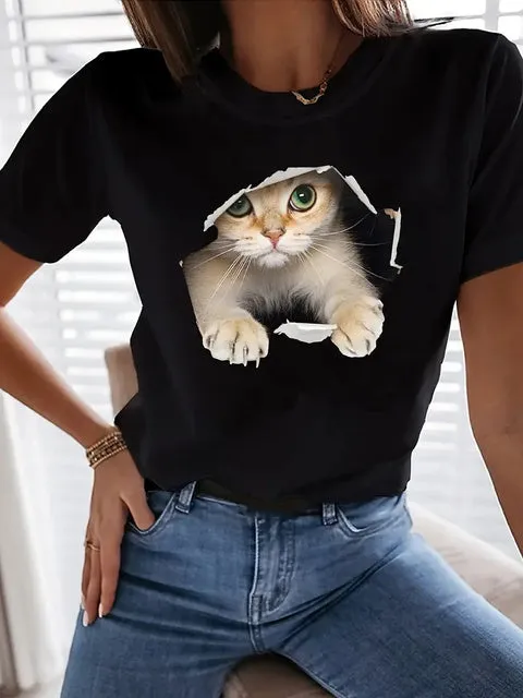 Cute Cat Print Crew Neck T-Shirt