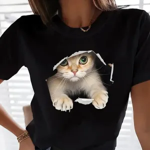 Cute Cat Print Crew Neck T-Shirt