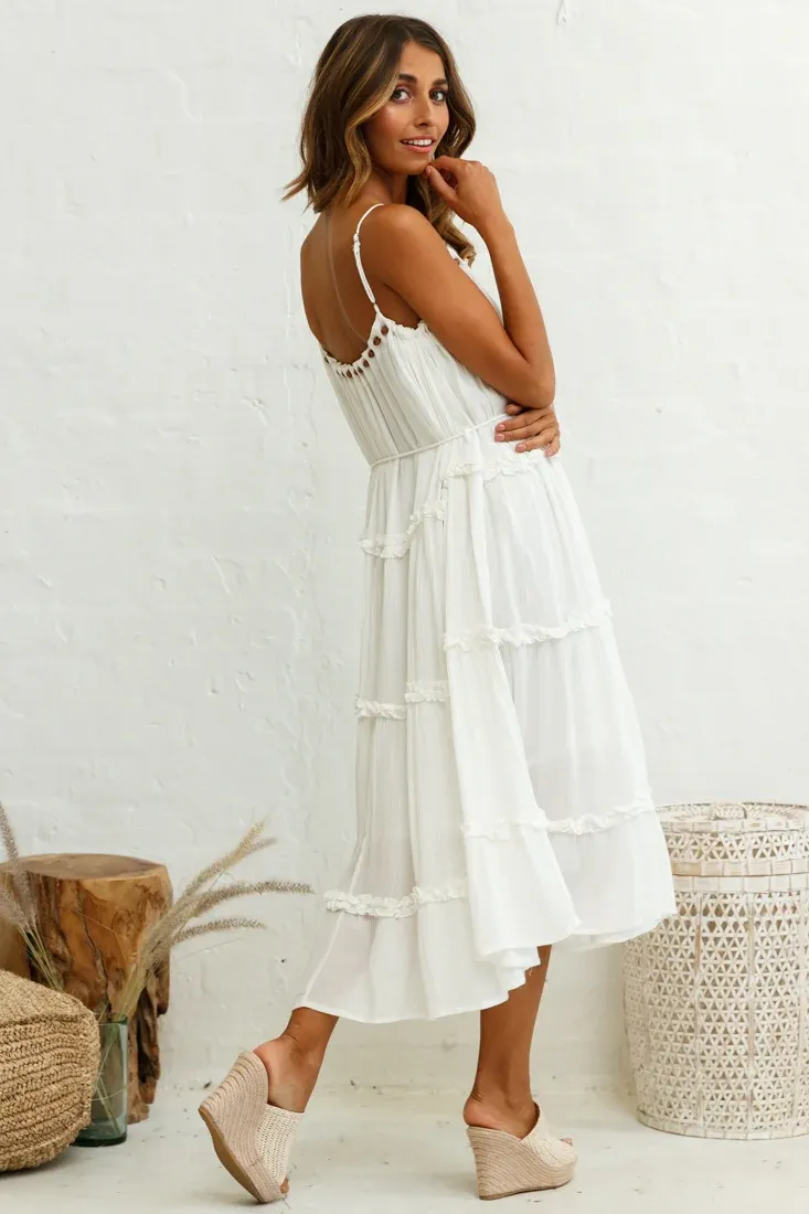 Daybreak Frill Trim Wooden Bead Midi Dress White