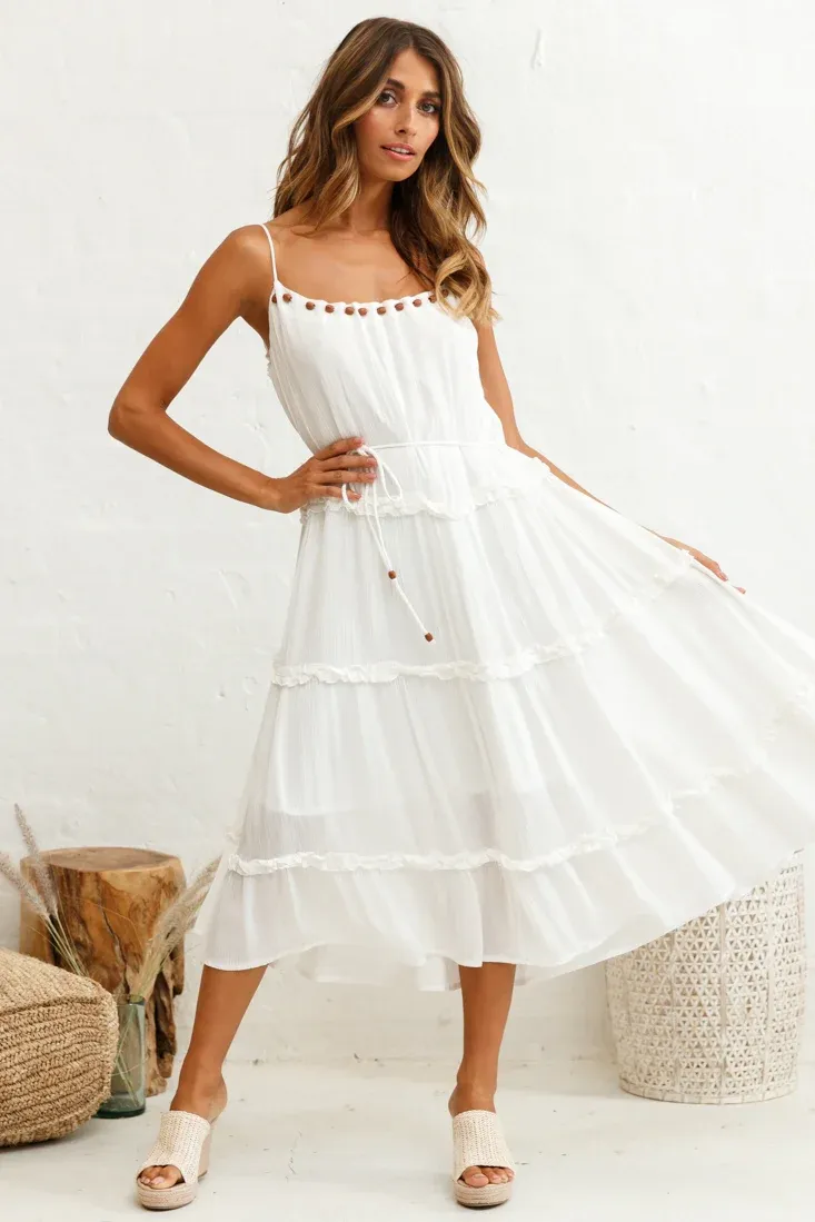 Daybreak Frill Trim Wooden Bead Midi Dress White