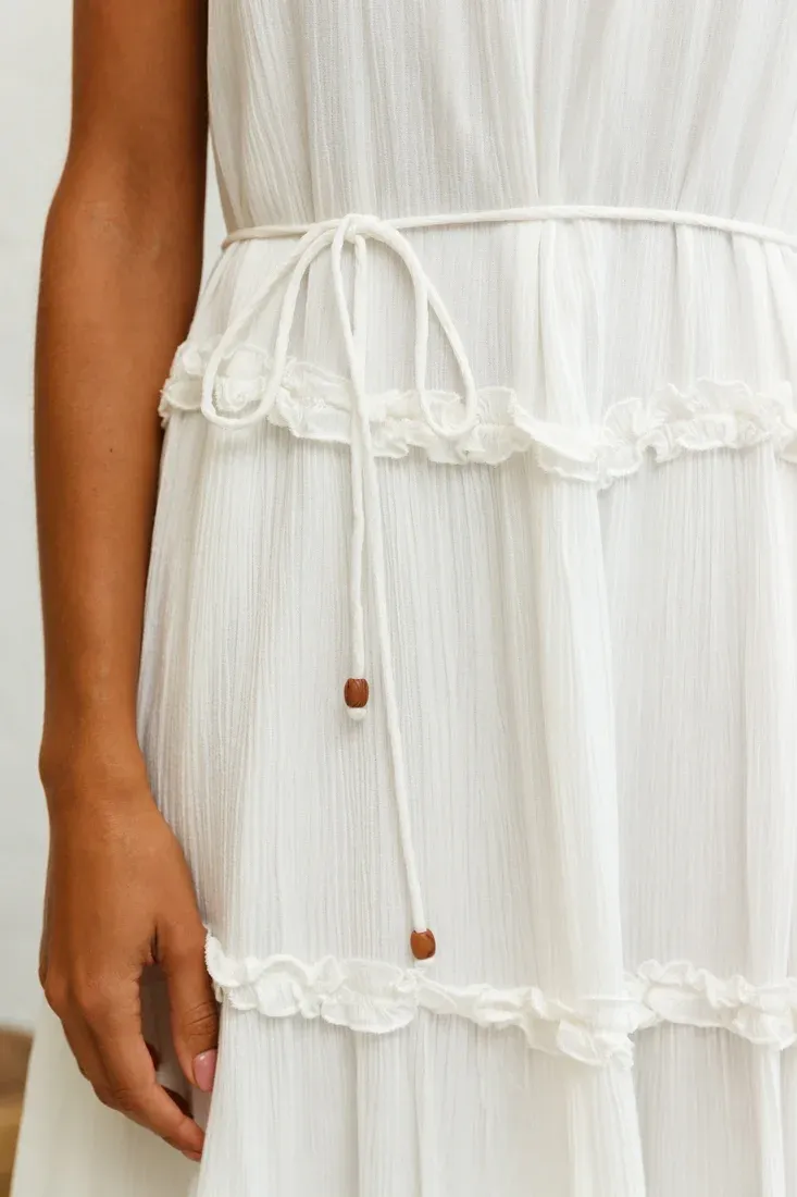 Daybreak Frill Trim Wooden Bead Midi Dress White