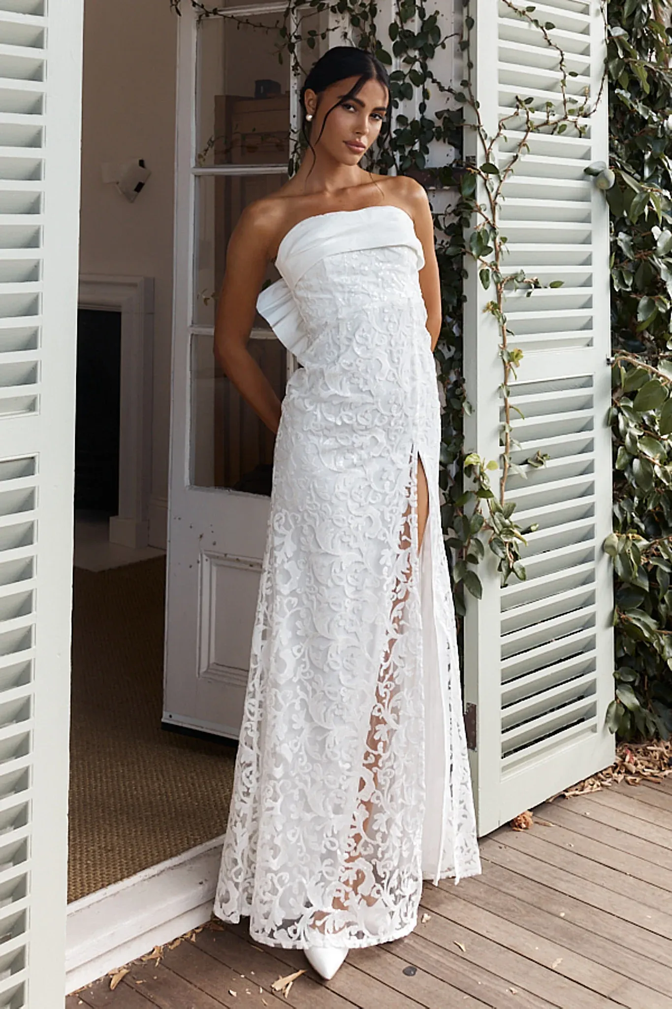 Delphina Strapless Bow Back Lace Dress Ivory