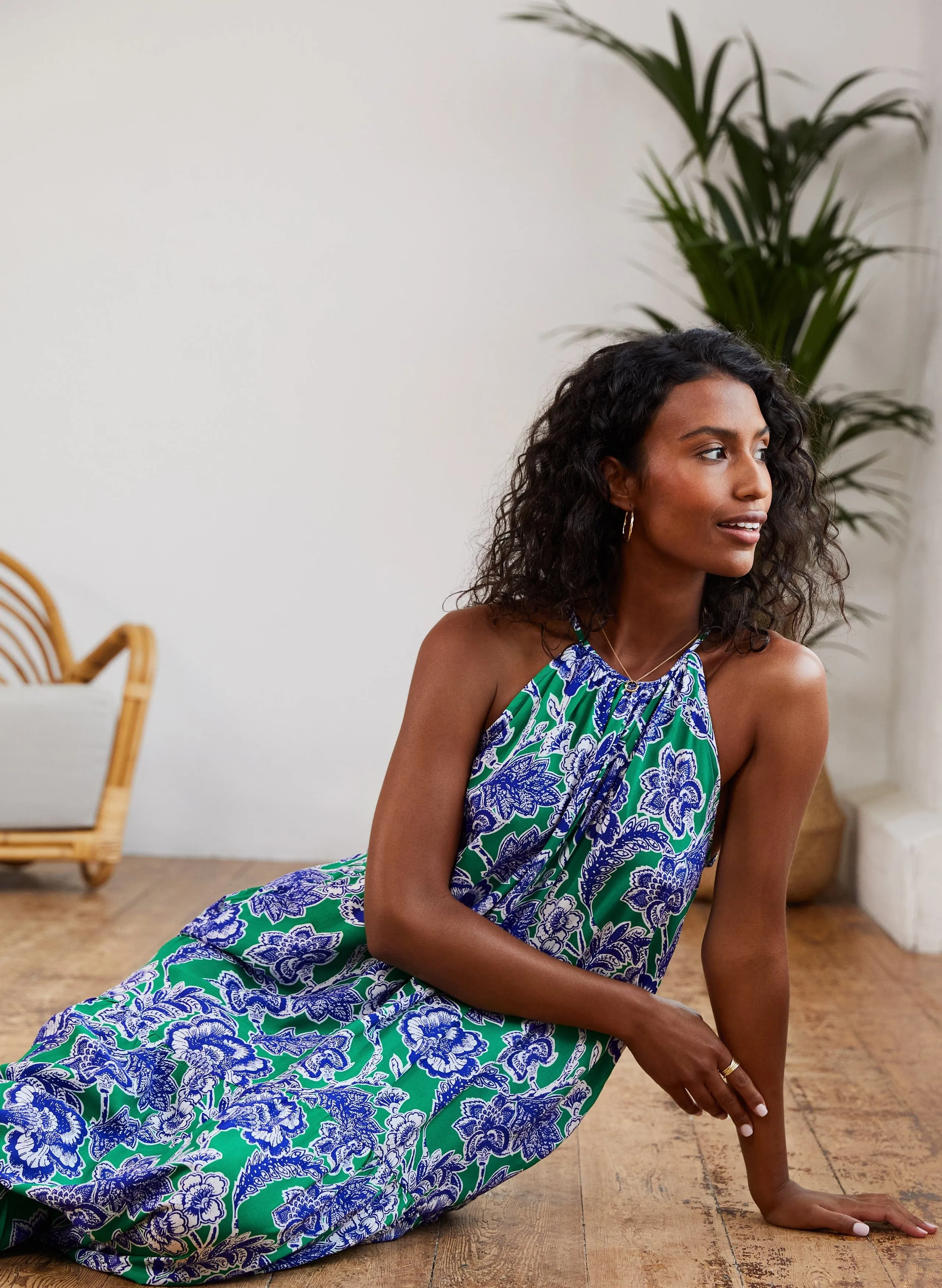 Everly Positano Print LENZING™ ECOVERO™ Halterneck Maxi Dress | Green & Blue