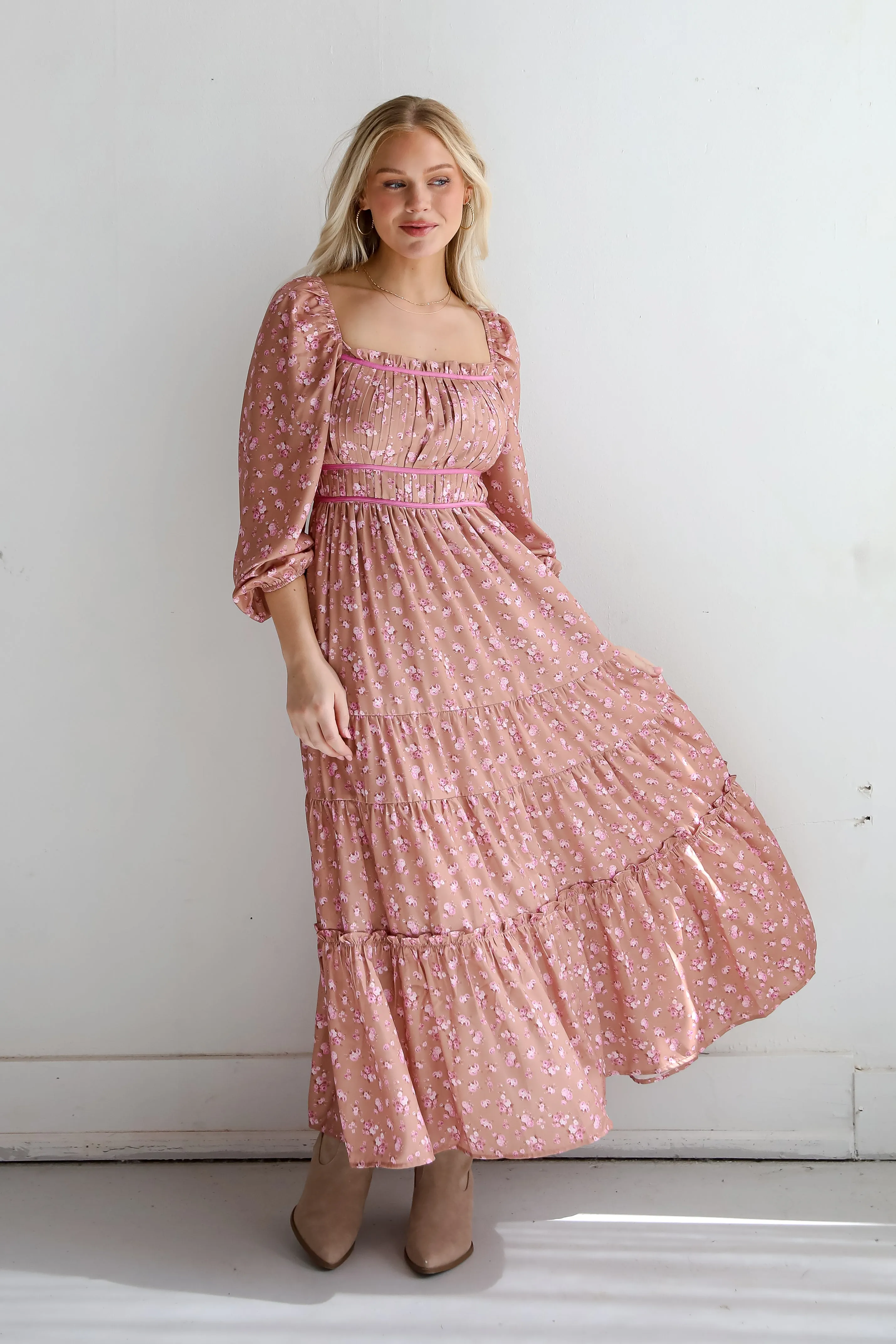 FINAL SALE - Dynamic Sensation Taupe Floral Tiered Maxi Dress