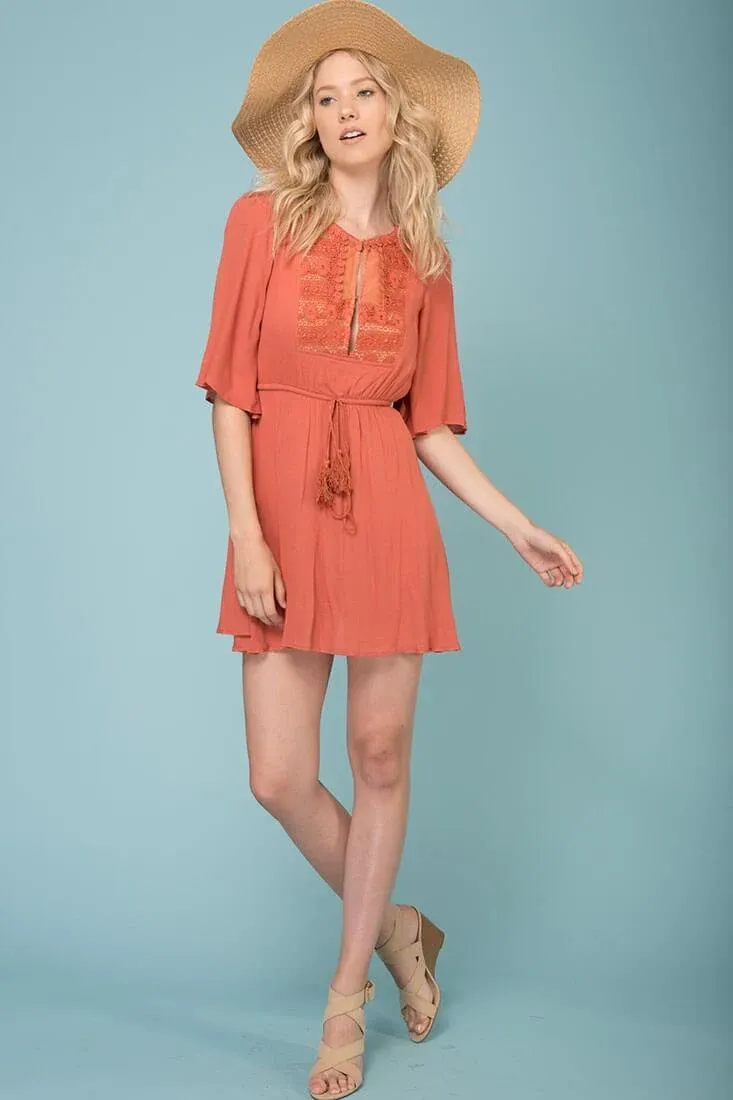Kayla Tie Waist Crochet Details Dress Rose