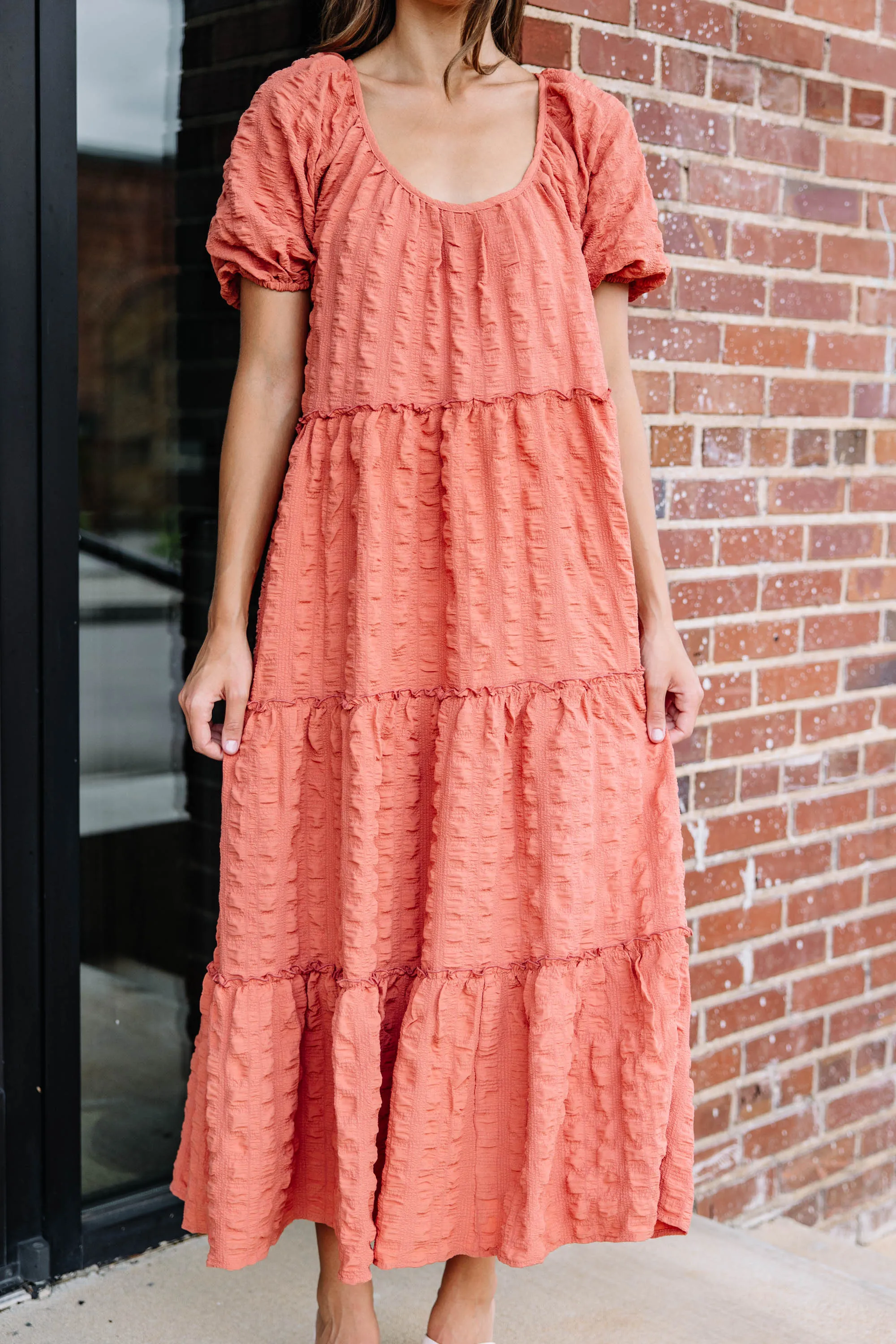 Listen To You Salmon Pink Tiered Midi Dress
