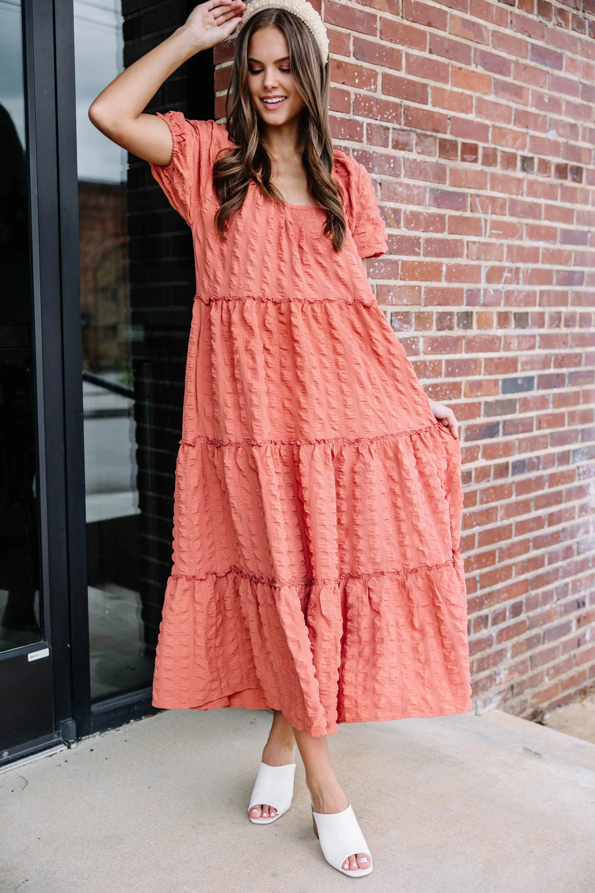 Listen To You Salmon Pink Tiered Midi Dress