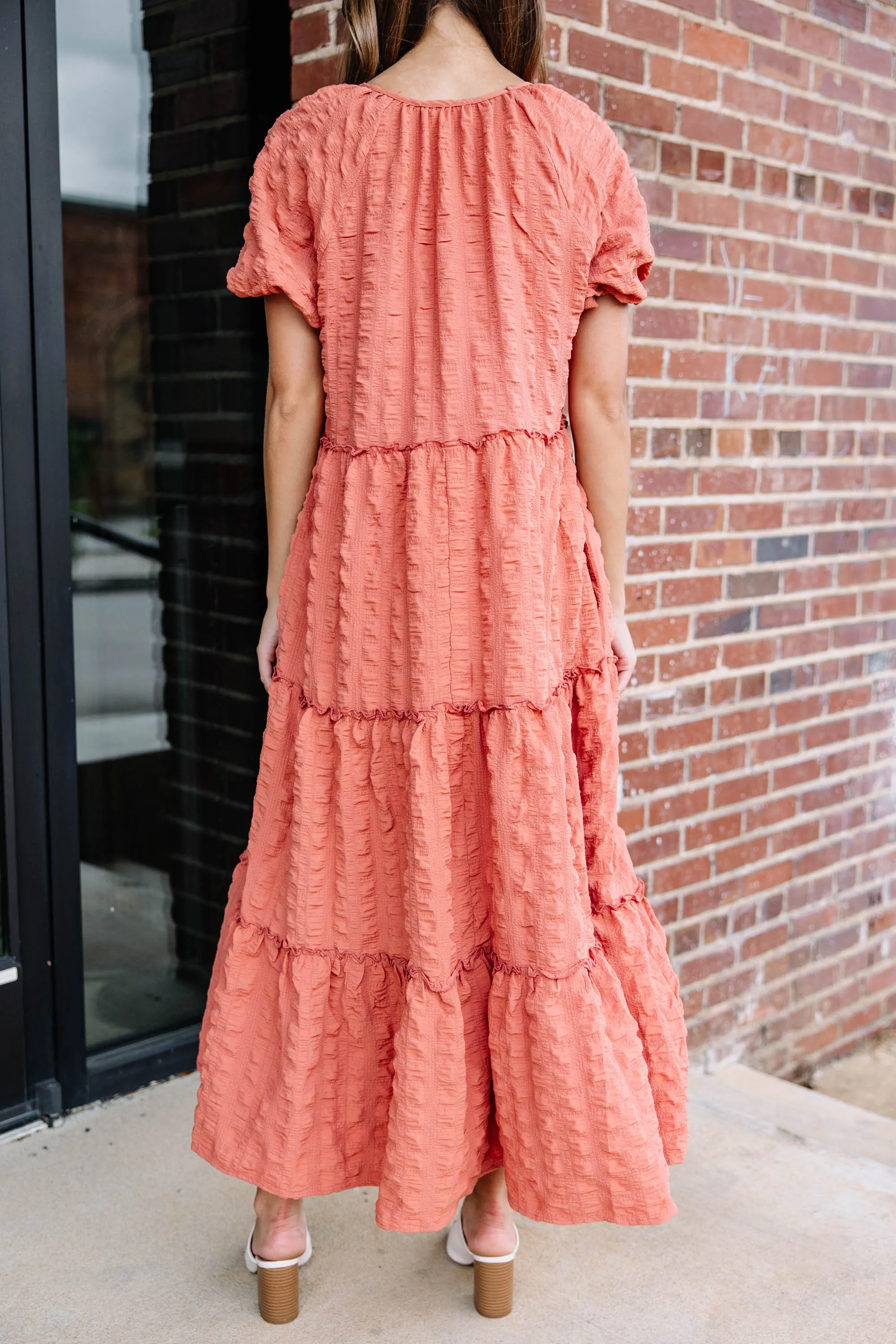 Listen To You Salmon Pink Tiered Midi Dress