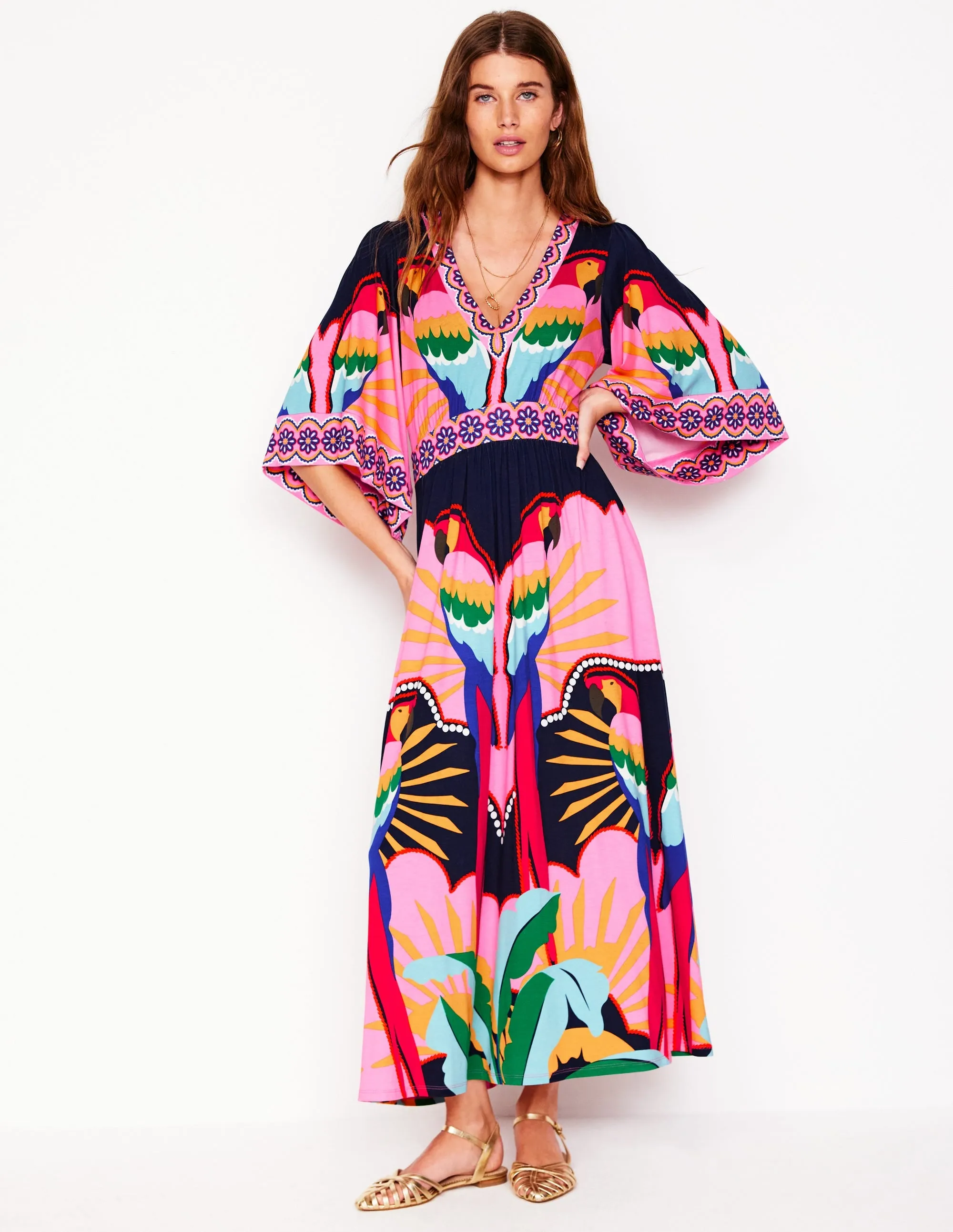 Maya Kimono Jersey Maxi Dress-Multi. Paradise Parrot