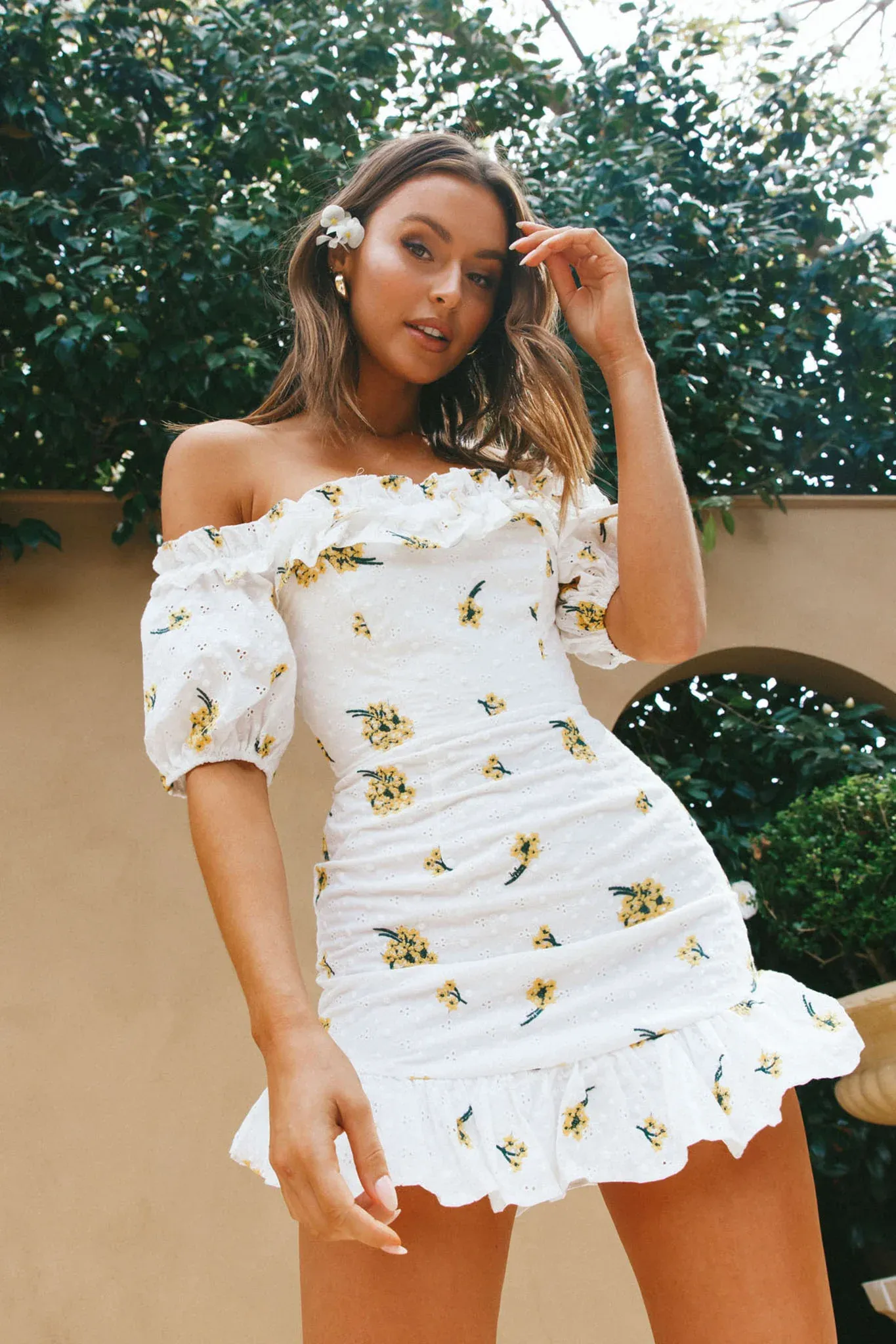 Morning Song Off-Shoulder Frill Trim Embroidery Dress Floral Print Yellow