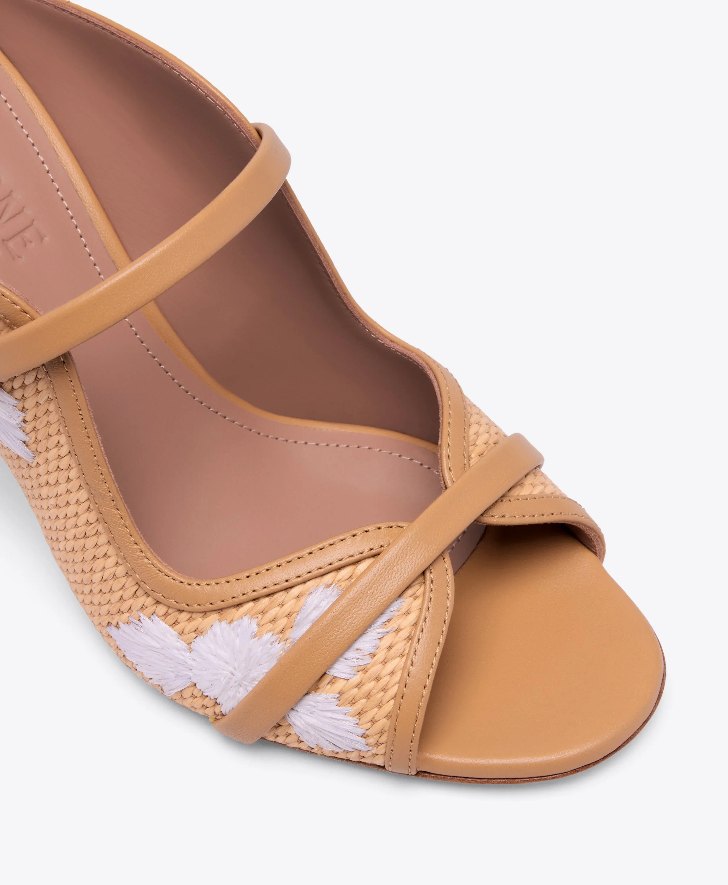 Norah 70 Camel Embroidered Raffia Heeled Sandals