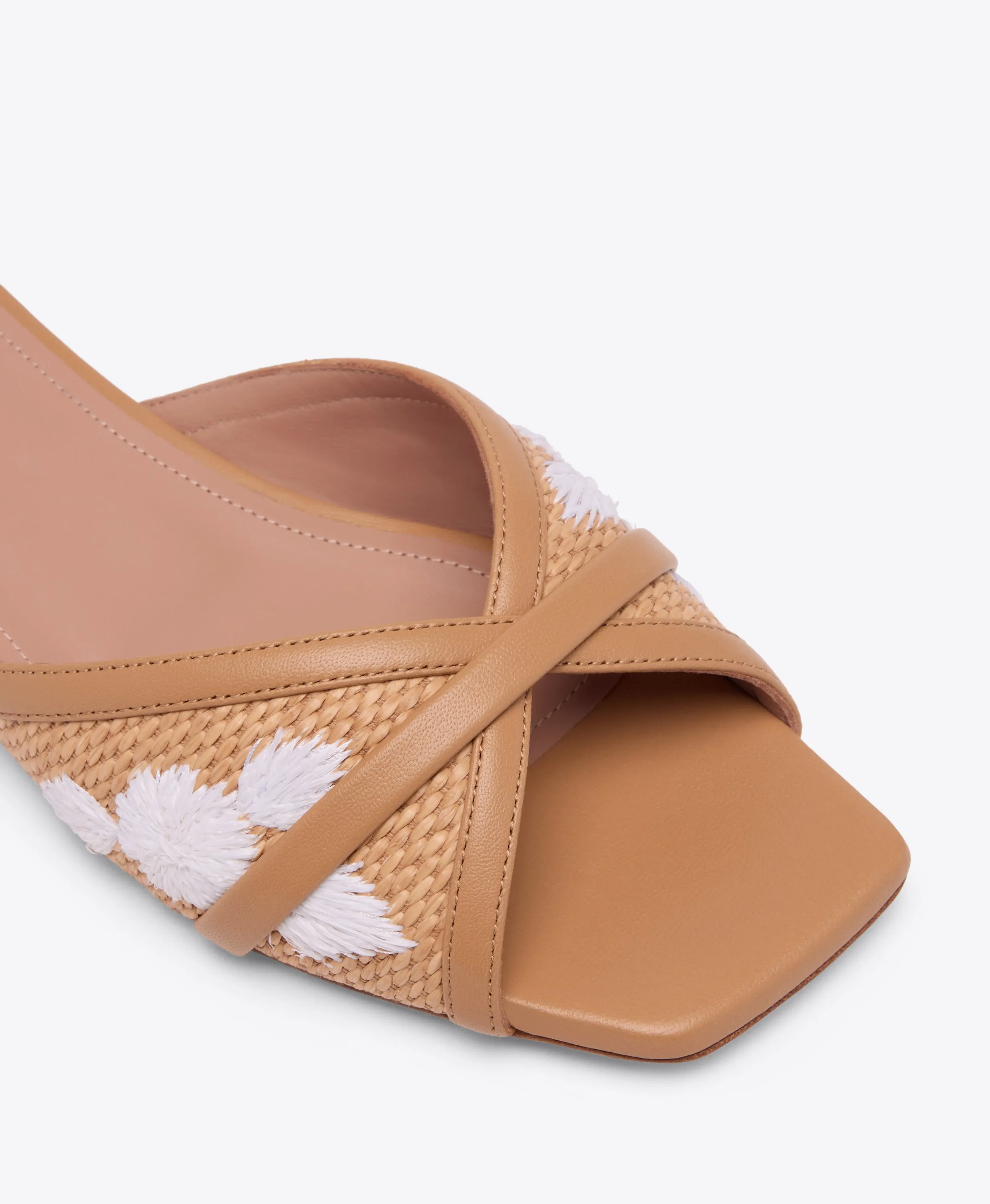Perla Camel Embroidered Raffia Flat Sandals