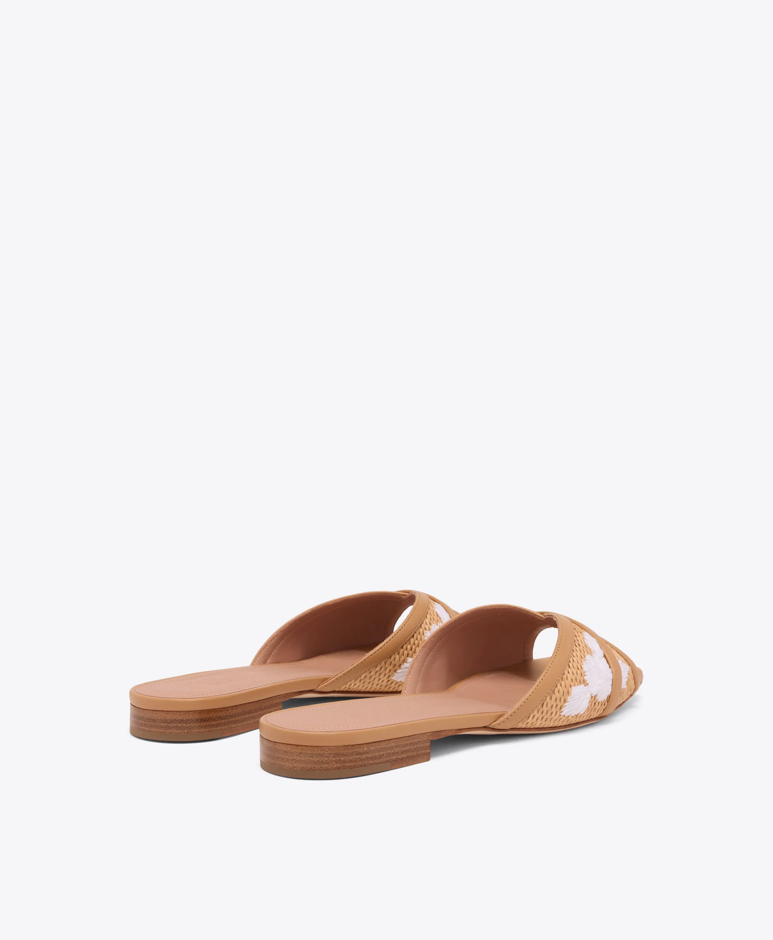 Perla Camel Embroidered Raffia Flat Sandals