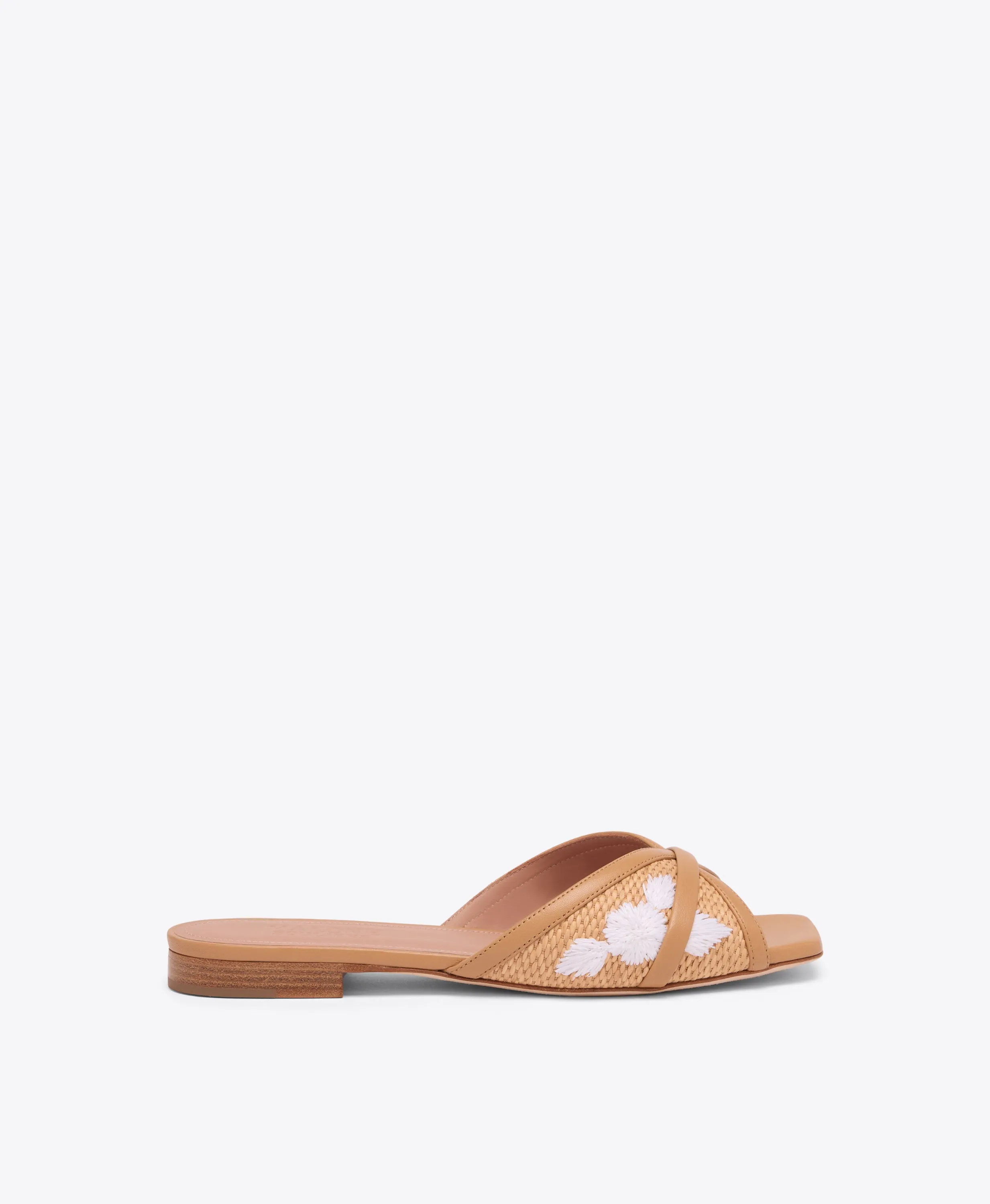 Perla Camel Embroidered Raffia Flat Sandals