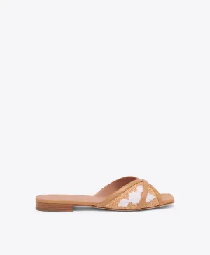 Perla Camel Embroidered Raffia Flat Sandals