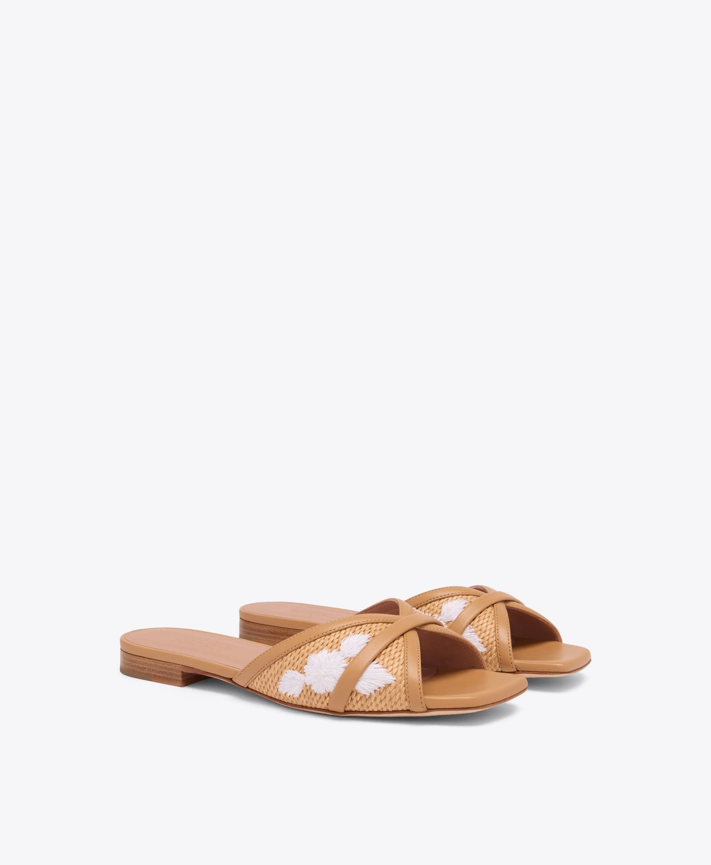 Perla Camel Embroidered Raffia Flat Sandals