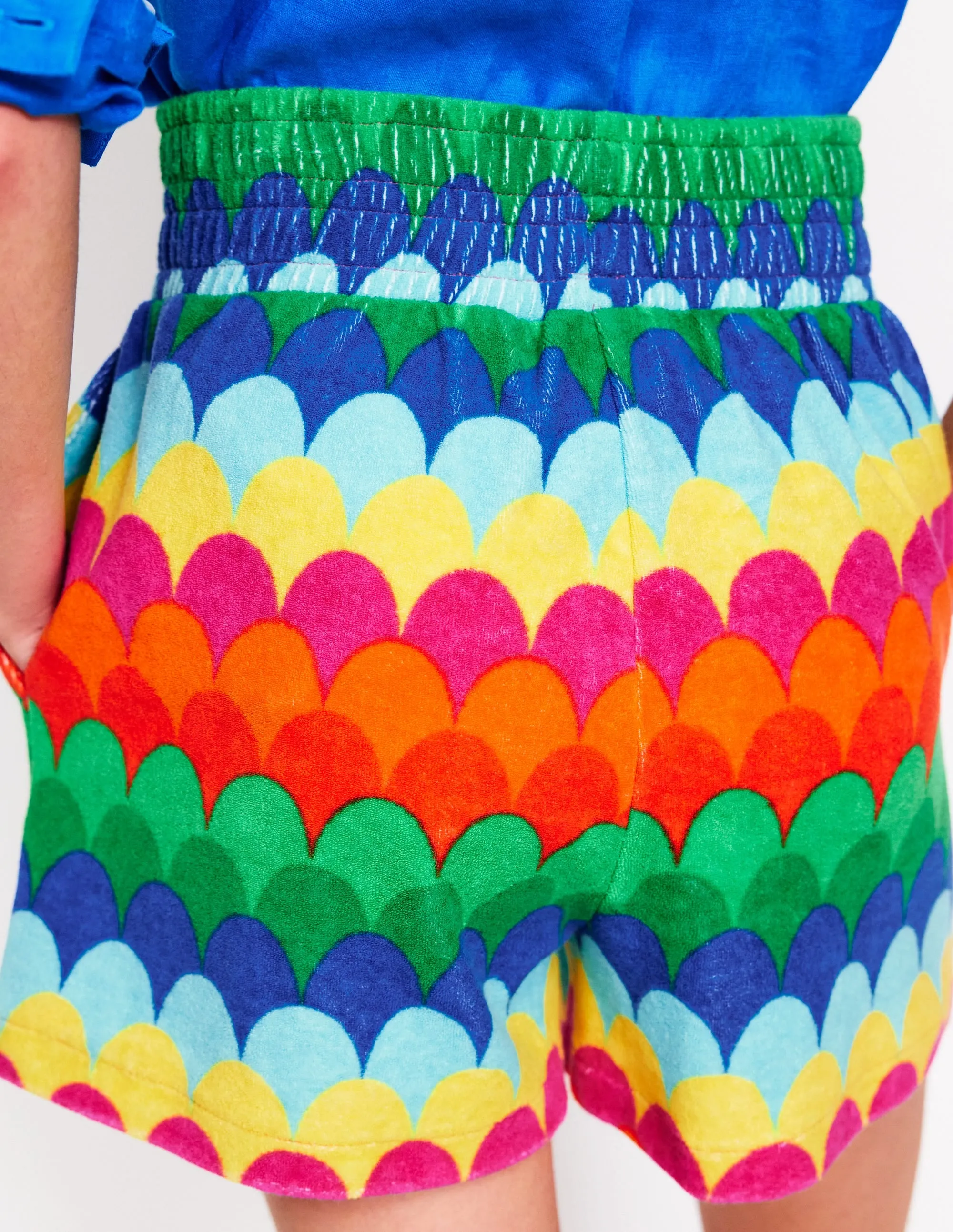 Smocked Towelling Short-Multi. Scallop Stripe