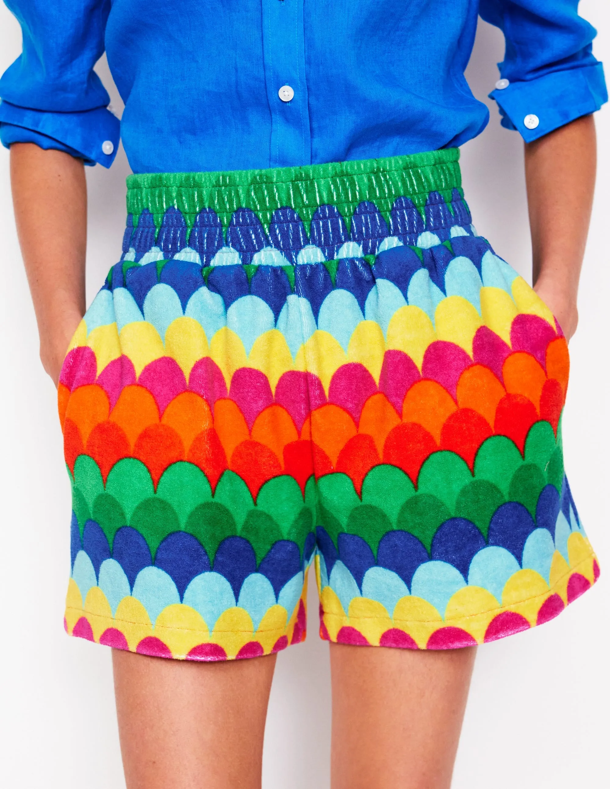 Smocked Towelling Short-Multi. Scallop Stripe
