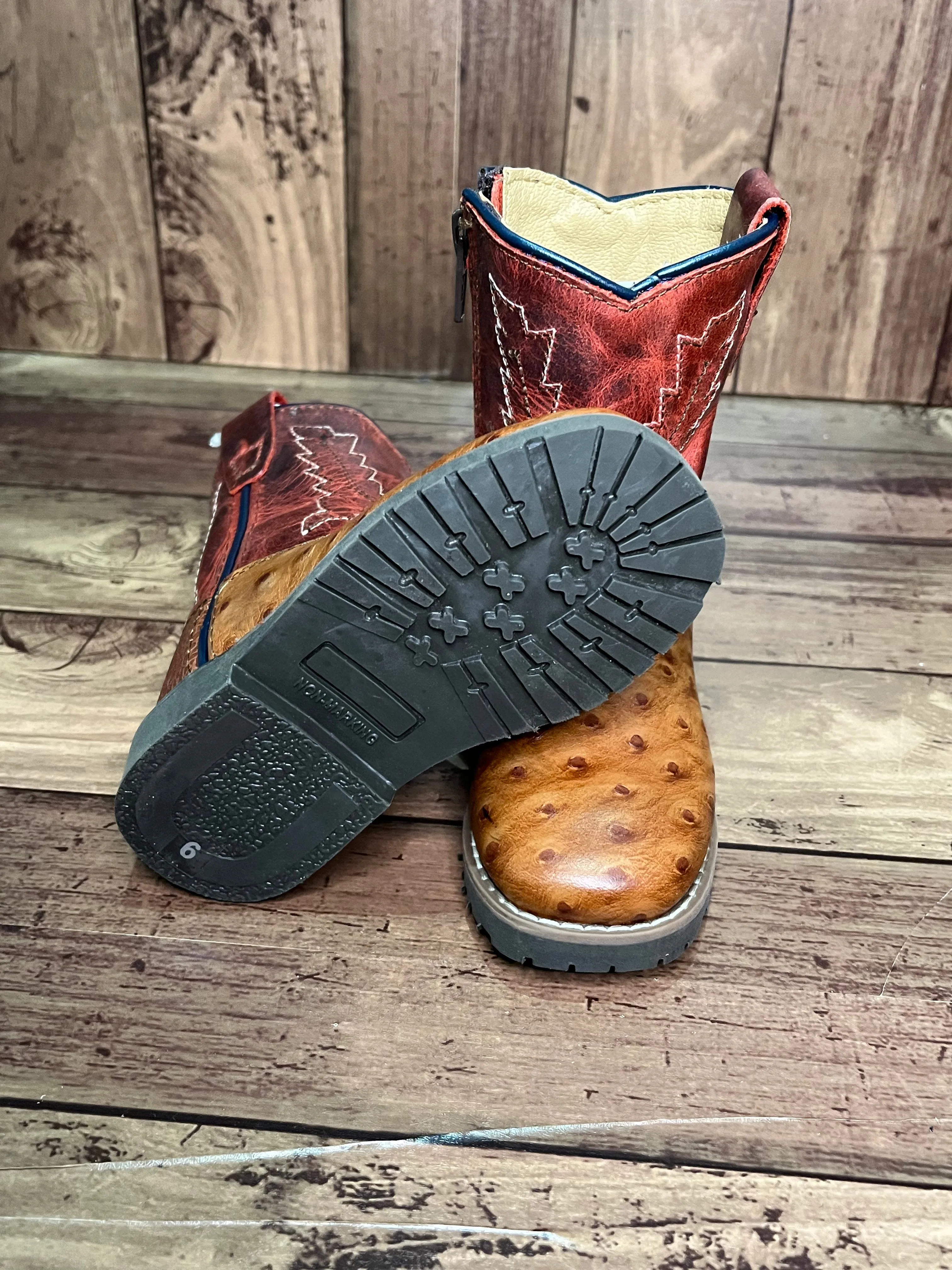 Smoky Mountain Boots 3057T Autry Ostrich Print Brown/Red Western Toddler Boots