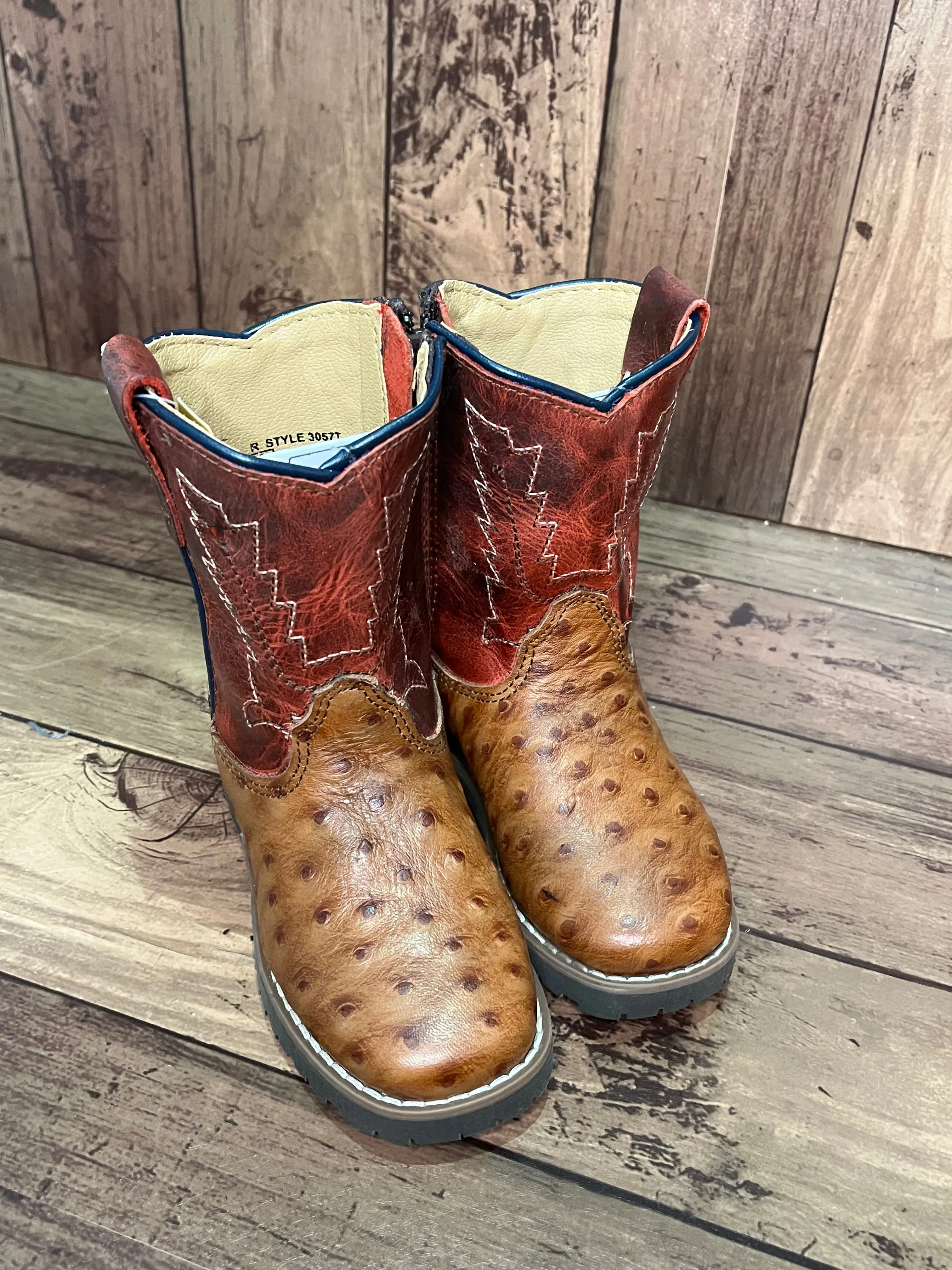 Smoky Mountain Boots 3057T Autry Ostrich Print Brown/Red Western Toddler Boots