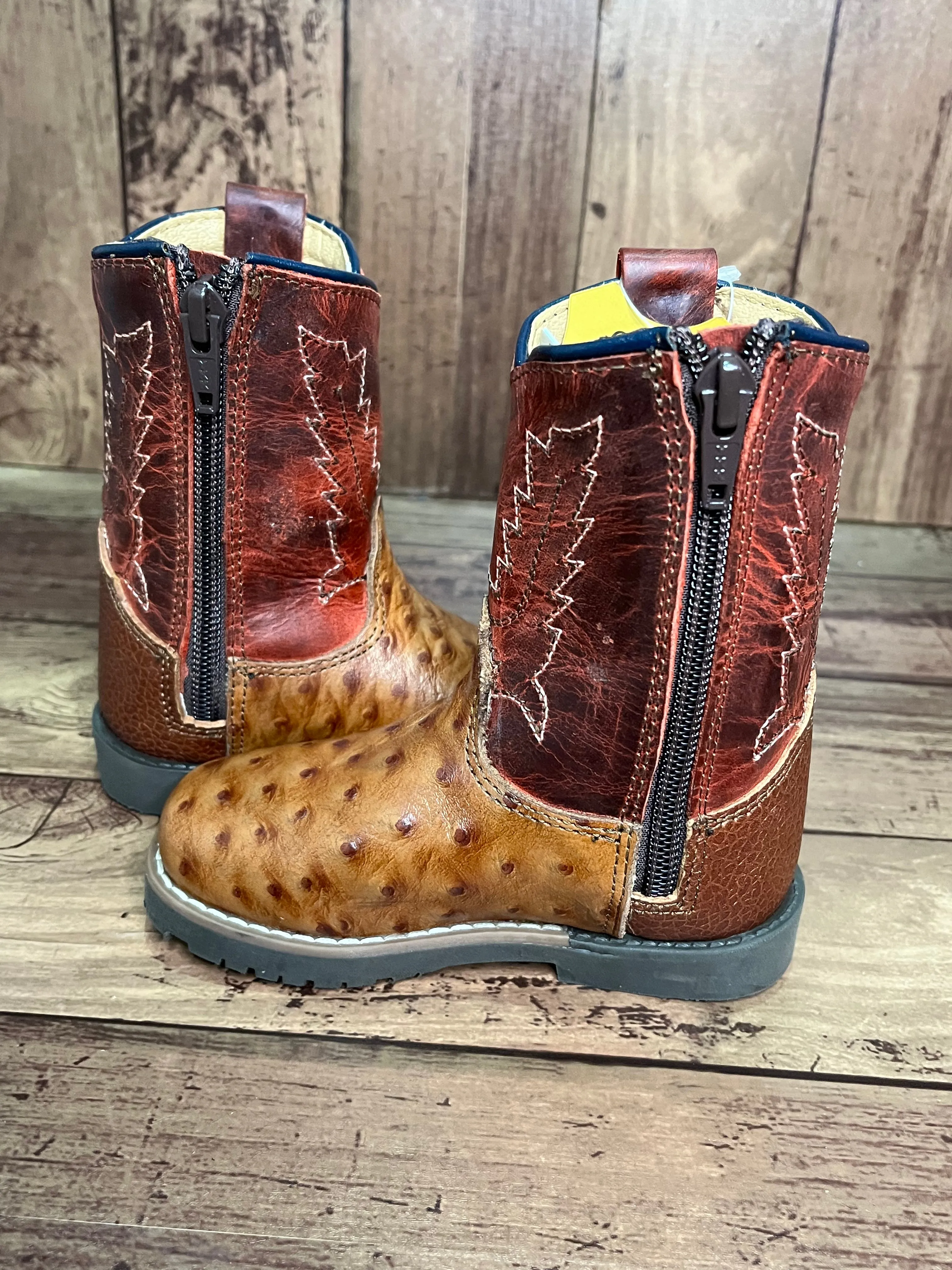 Smoky Mountain Boots 3057T Autry Ostrich Print Brown/Red Western Toddler Boots