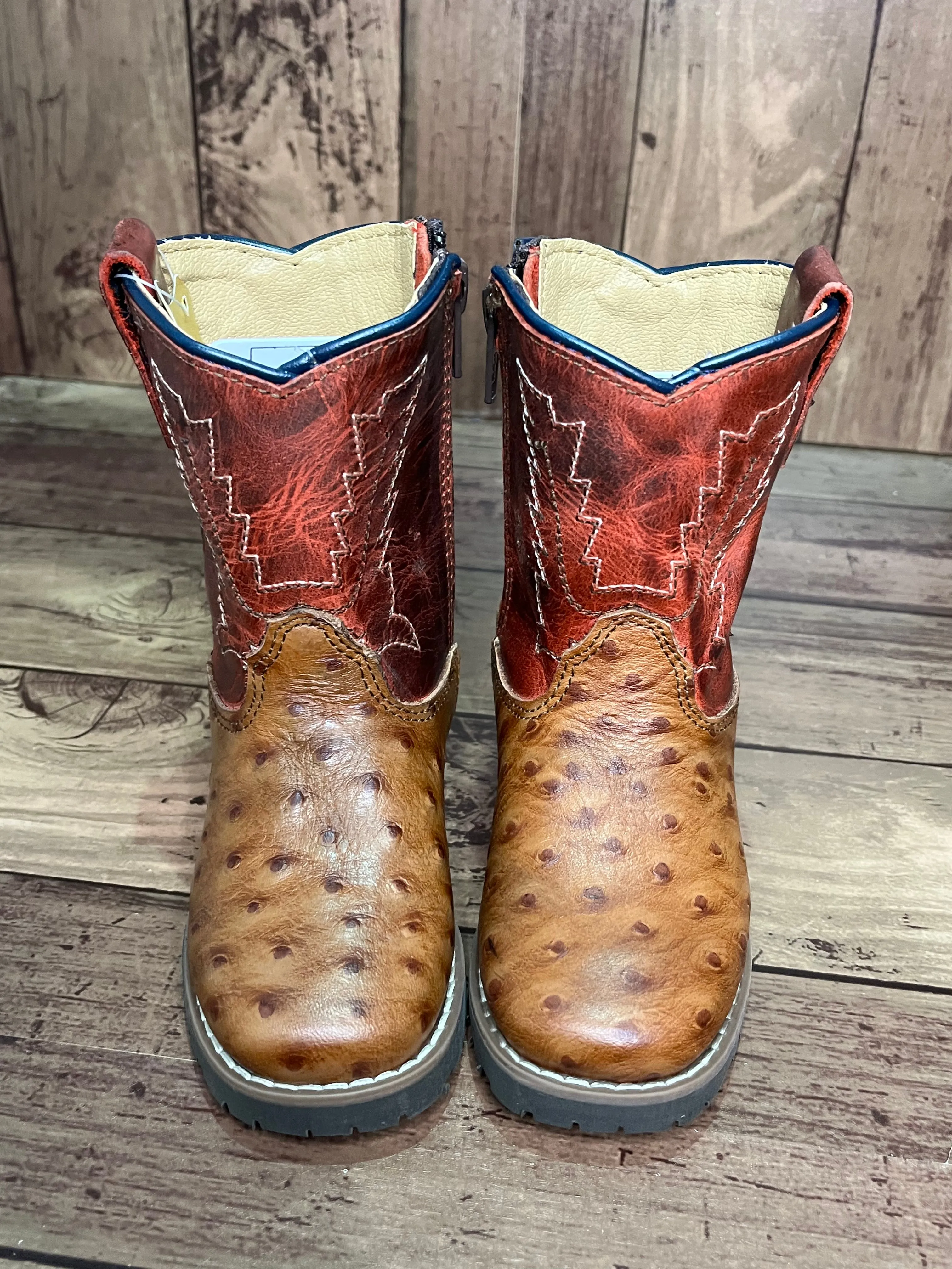 Smoky Mountain Boots 3057T Autry Ostrich Print Brown/Red Western Toddler Boots