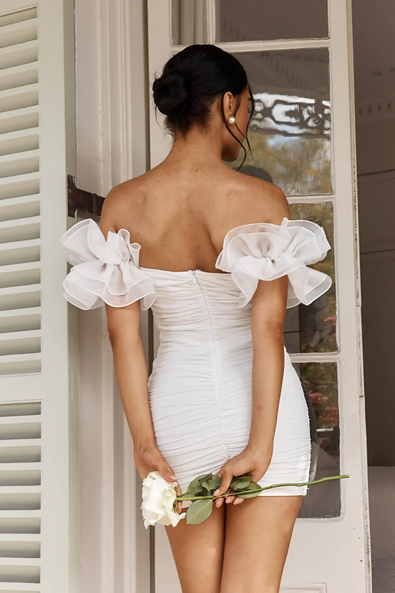 Star Dust Off-Shoulder Frill Sleeve Mini Dress White