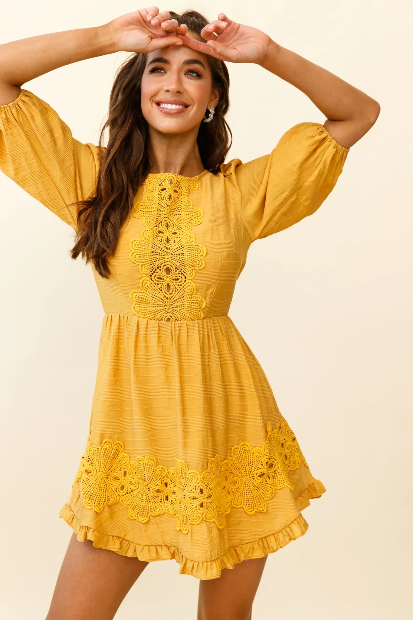 Sunday Morning Applique Embellished Open Back Dress Yellow