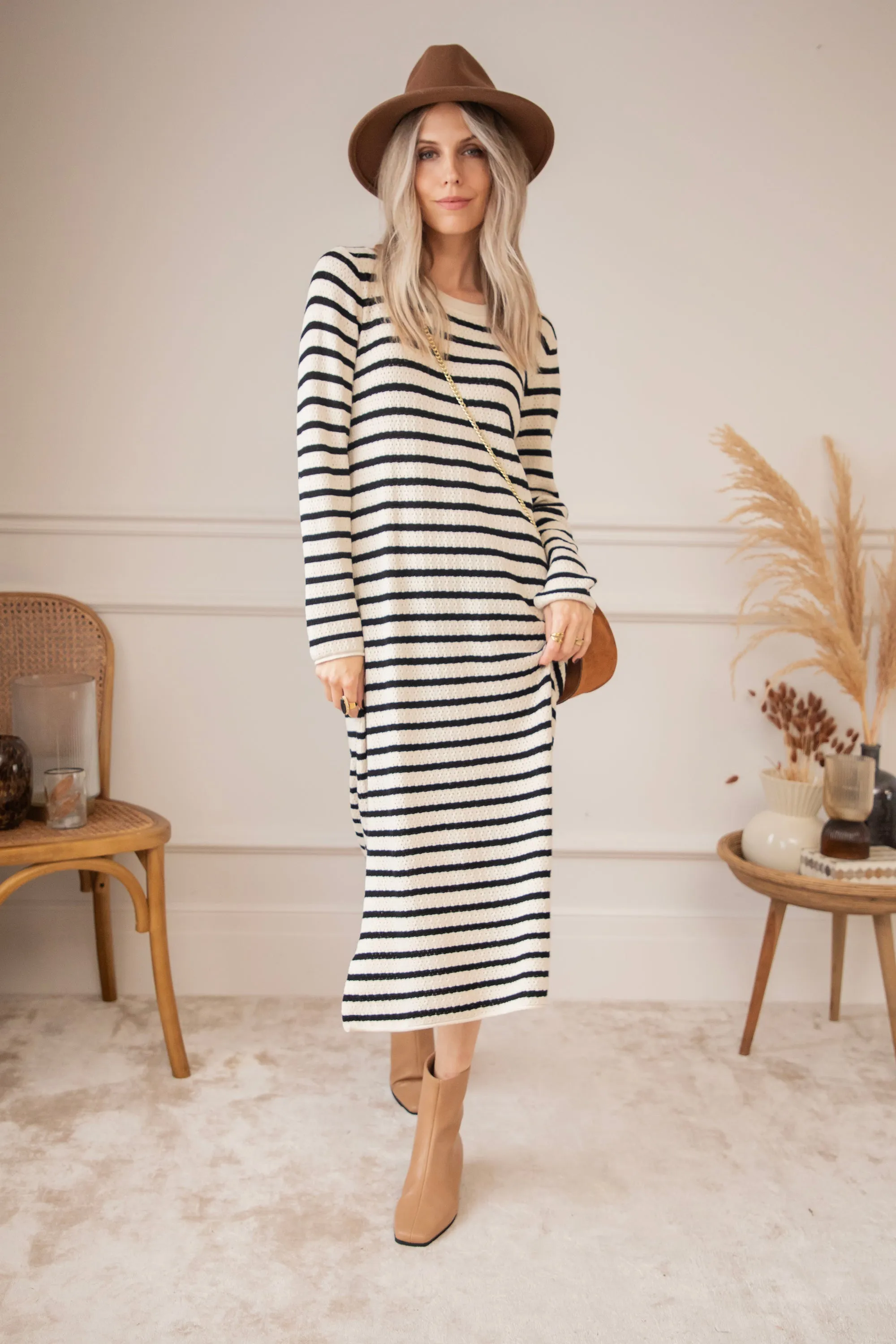 Sya Stripe Beige/Black - Jurk