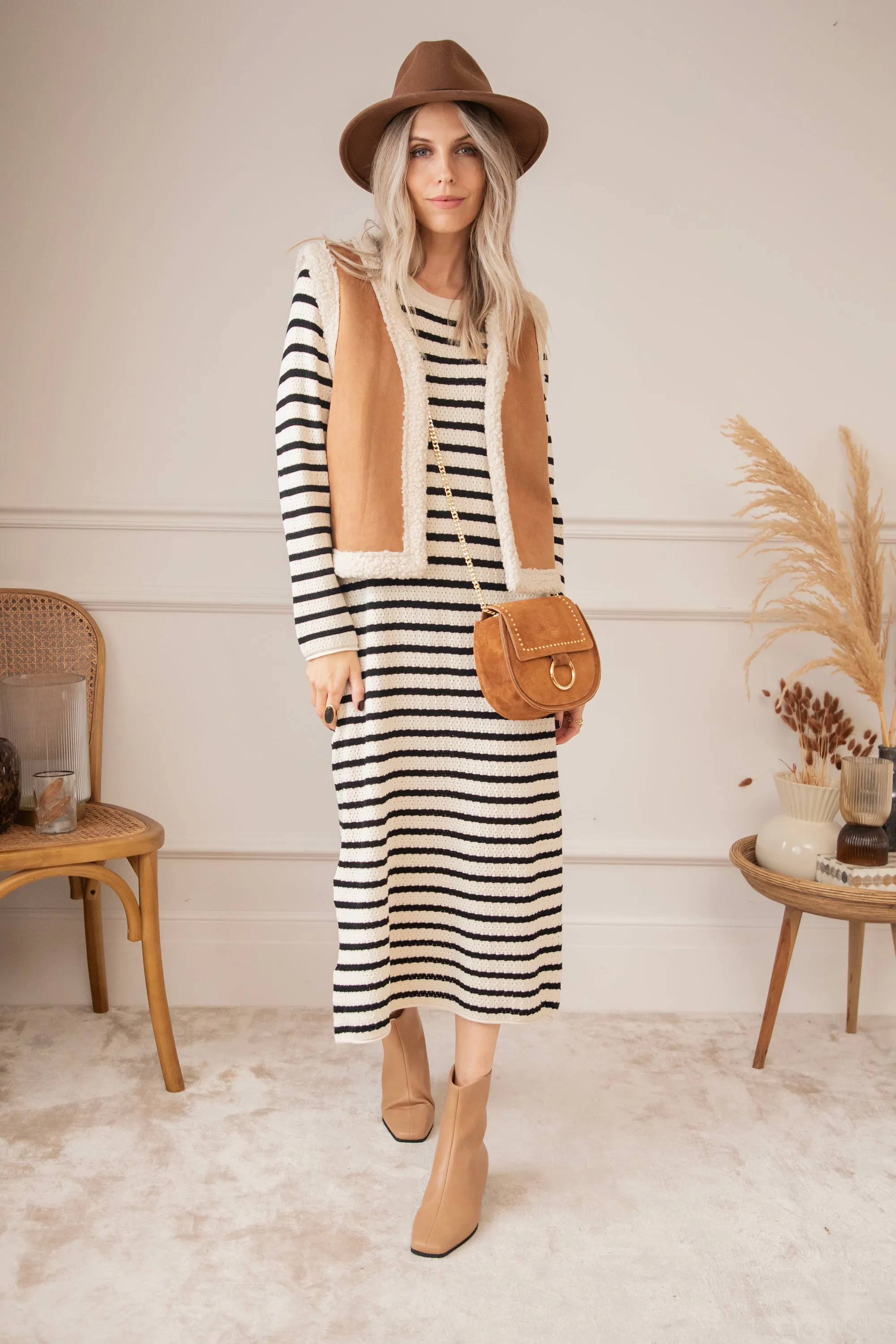 Sya Stripe Beige/Black - Jurk