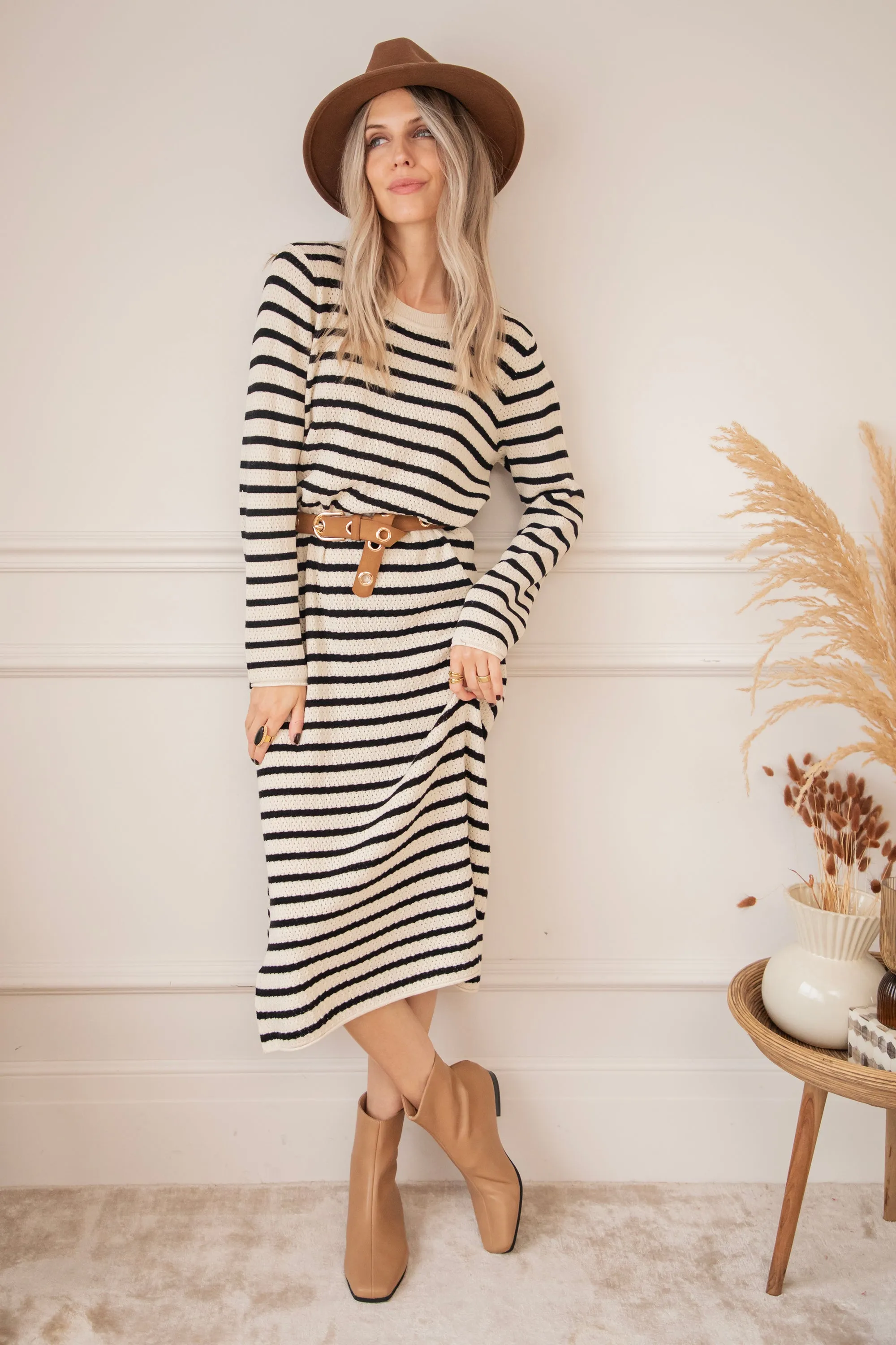 Sya Stripe Beige/Black - Jurk