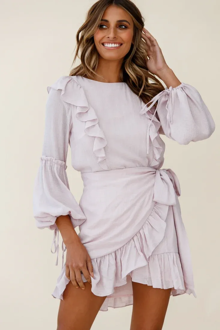 Tila Long Balloon Sleeve Wrap Front Dress Blush